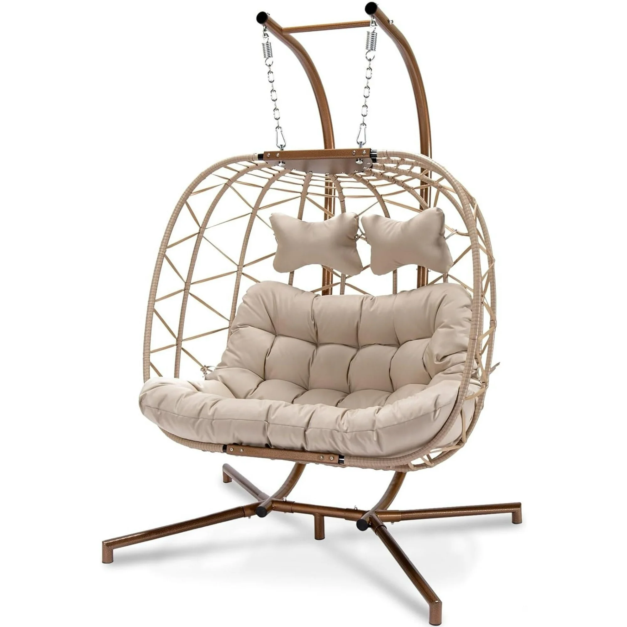 NICESOUL Beige Double Egg Chair With Stand, Wicker Luxury Patio Loveseat For Two Persons, 500 lbs Max weight