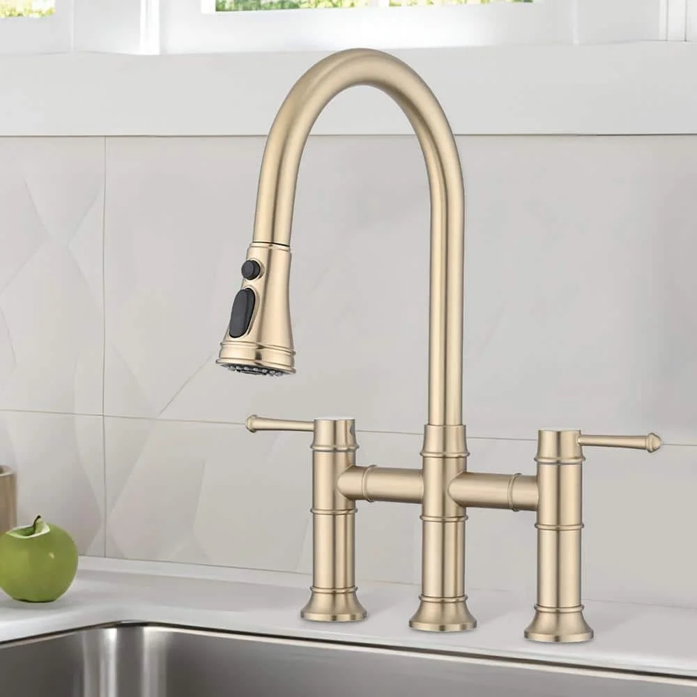UPIKER Double-Handle 360-Degree Swivel Spout Bridge Kitchen Faucet with Pull-Down Spray Head and 3 Modes in Brushed Gold