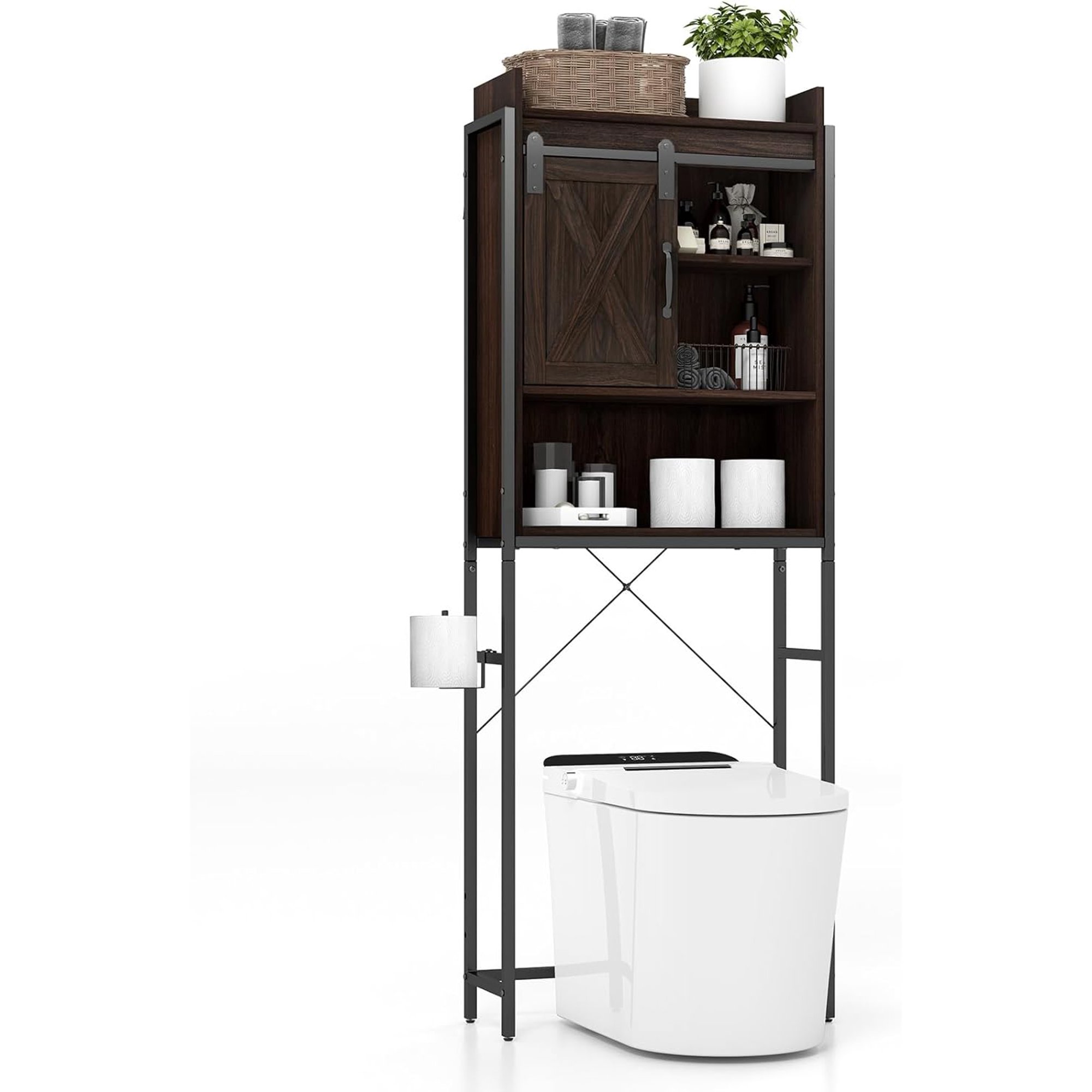 WXDSCF Over-The-Toilet  Cabinet  Freestanding 4-Tier Bathroom Rack w/Adjustable  & Sliding Barn Door  Multifunctional Bathroom Space Saver  25 x 9.5 x 67.5 in (Espresso)