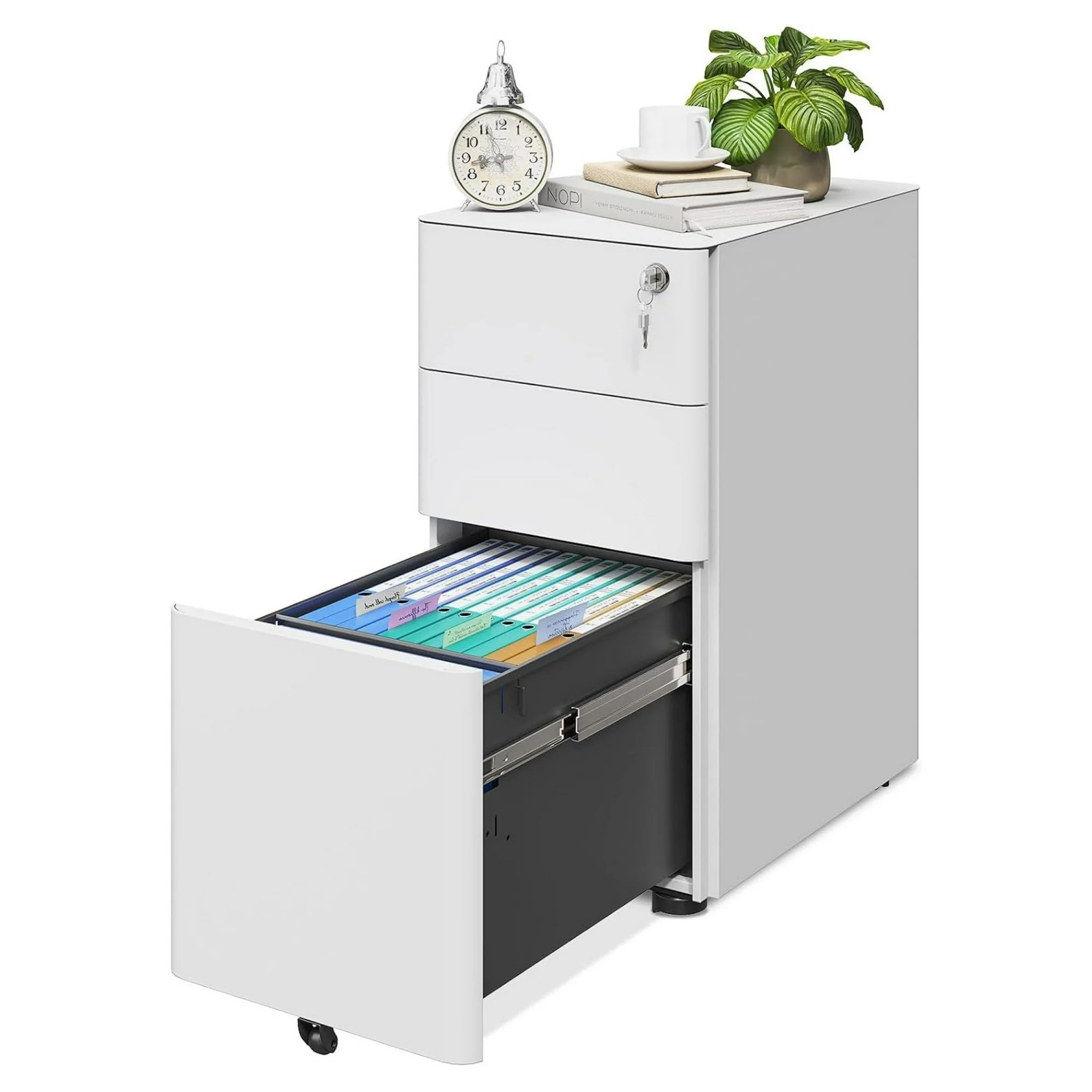 ZHANGHU File Cabinet for Home Office, Fully Assembled Filing Cabinet 3 Drawer Rolling File Cabinets with Lock, Small Mobile File Storage Cabinets for A4/Legal/Letter File, White