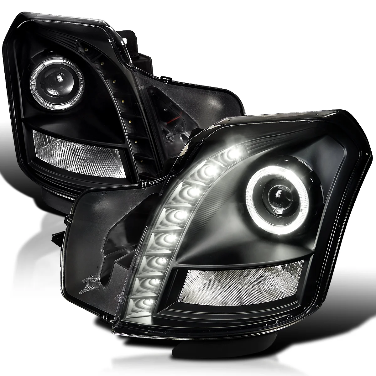 Spec-D Tuning SMD LED Halo Projector Headlights Black Compatible with 2003-2007 Cadillac CTS, Left + Right Pair Headlamps Assembly