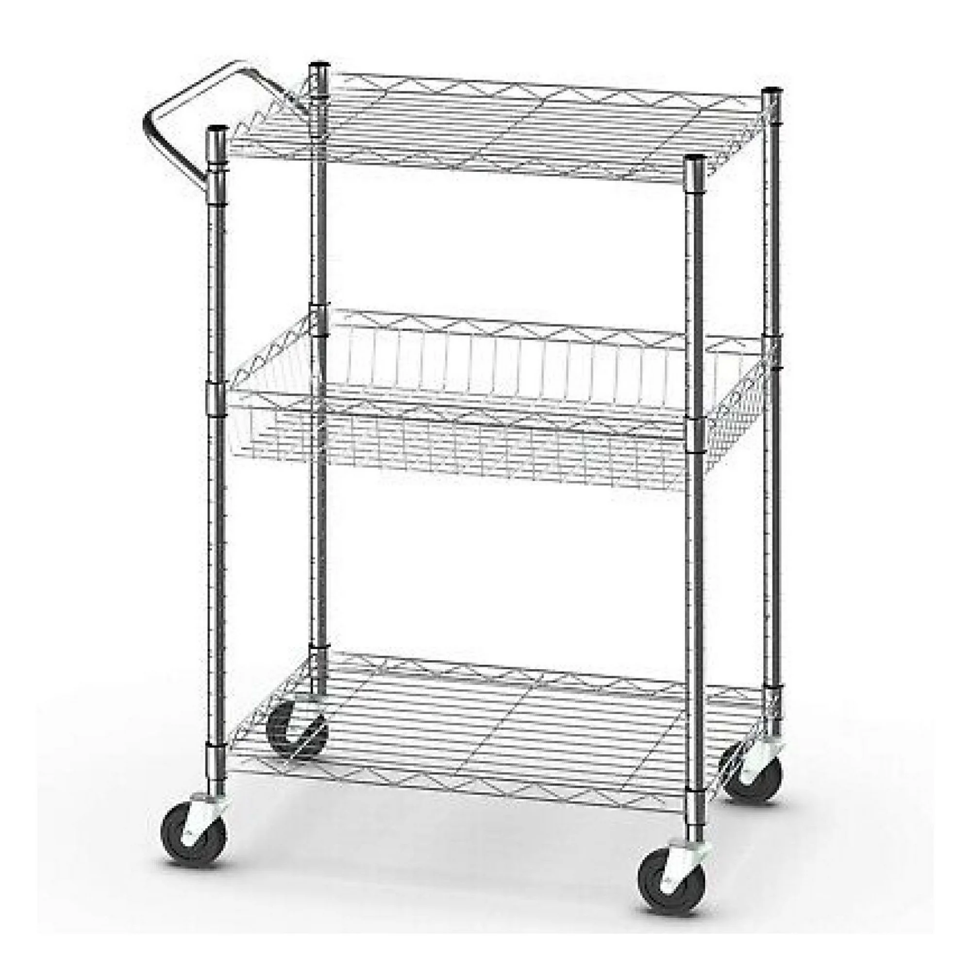 ZHANGHU 3-Tier Utility Cart Heavy Duty Wire Rolling Cart w/Handle Bar Storage Trolley