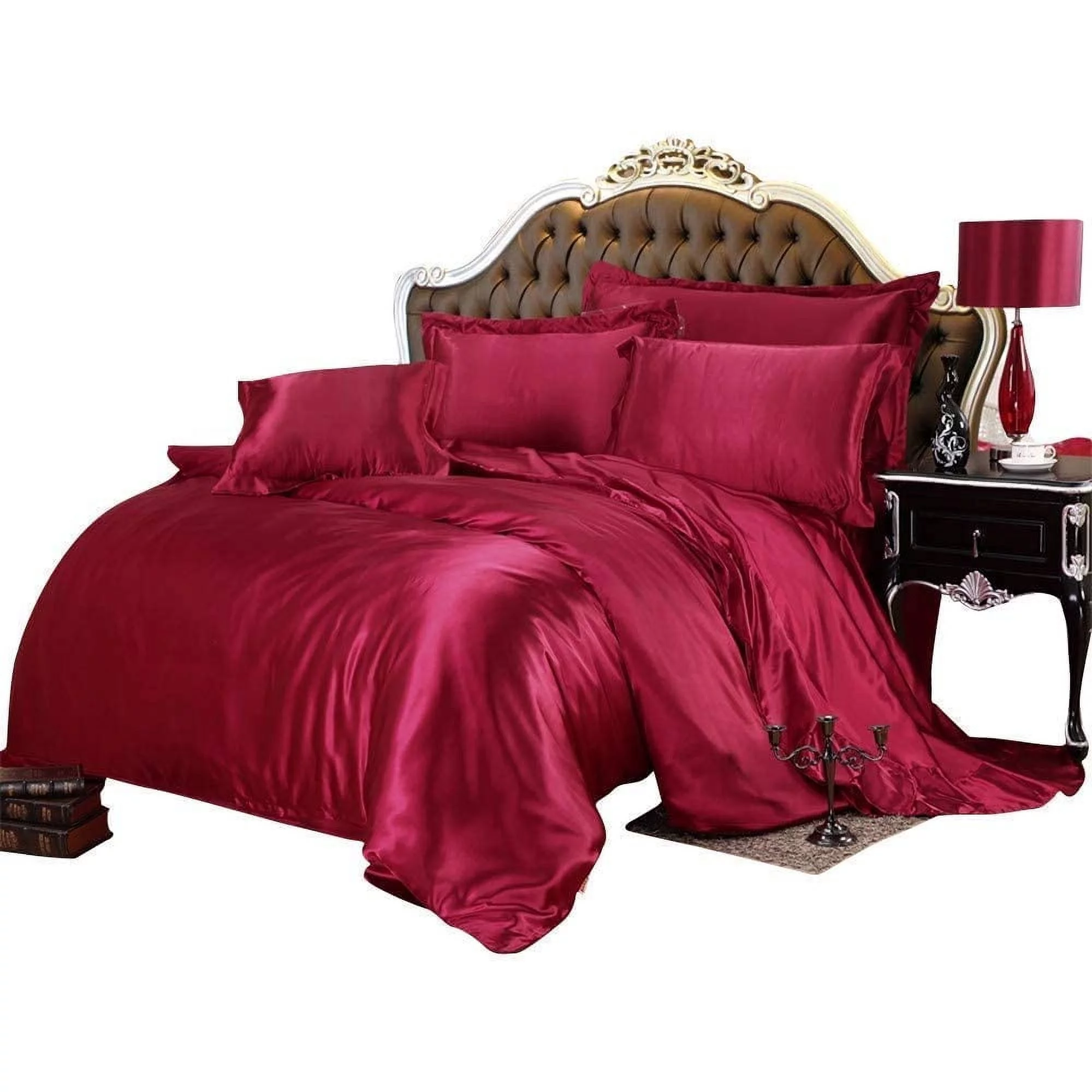 Vuvet Bedding 100% Pure Silk Satin Sheet Set 7pcs,Silk Fitted Sheet 15'' Deep Pocket,Silk Flat Sheet,Silk Duvet Cover & Pillowcases Set|Cool Soft Silk Sheets|Wrinkle Free Fade Resistant|Queen,Burgundy