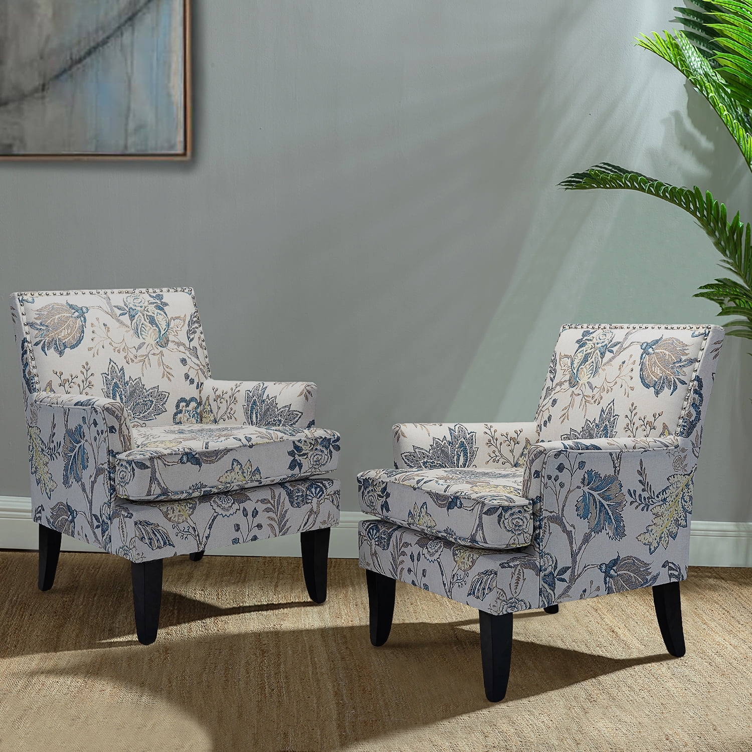 Upholstery Armchairs Set of 2 Floral Accent Chairs Sofa Couch Wood Legs Nailhead Trim Bedroom Home Living Room Blue
