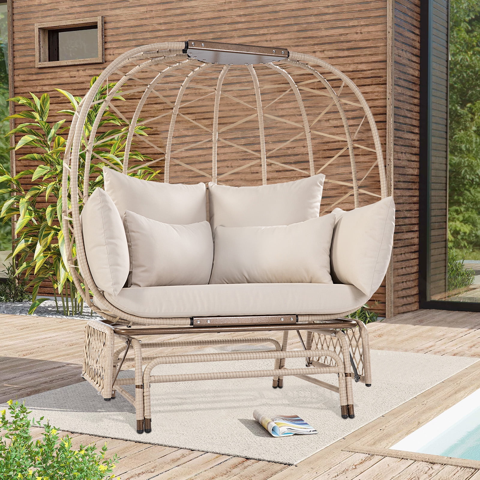 NICESOUL Double Wicker Rocking Egg Chair Indoor Outdoor Oversized Egg Basket Lounge Chair for 2 Persons with Legs, Patio Egg Chair with Thick Cushions 500lbs Egg Shaped Loveseat Bedroom(Beige)