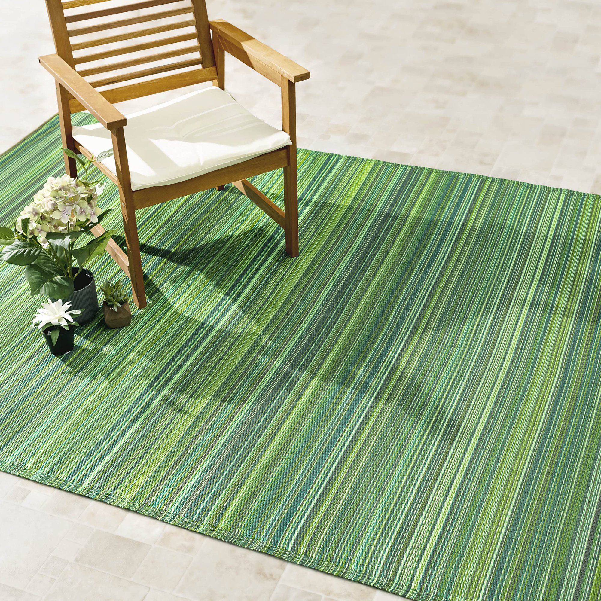 Striped Outdoor Rug - Waterproof, Fade Resistant, Crease-Free, Reversible - Premium Recycled Plastic - Patio Porch Balcony Deck - Cancun Green - 8x10 ft
