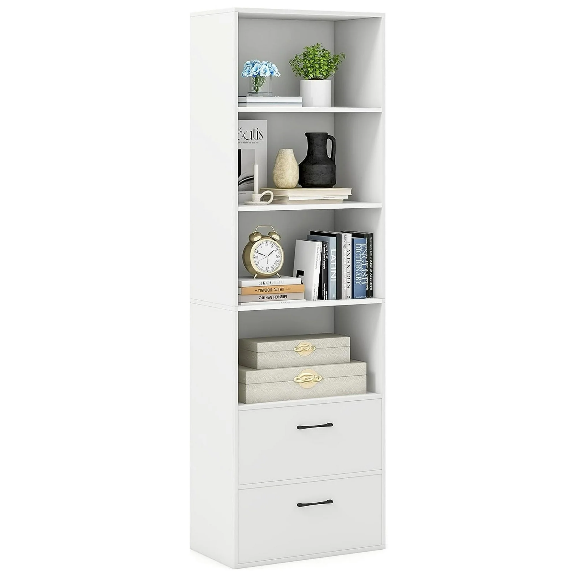 ZHANGHU 4 Shelf Bookcase with Drawers, Tall Bookshelves and Bookcases, Vertical Bookshelf Tower, Wood Storage Shelves, Modern Book Shelf for Bedroom, Living Room, Home Office