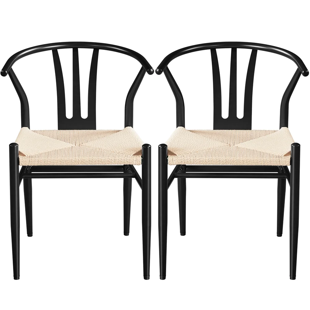 Topeakmart 2pcs Modern Metal Weave Dining Chair with Slat Backrest Black