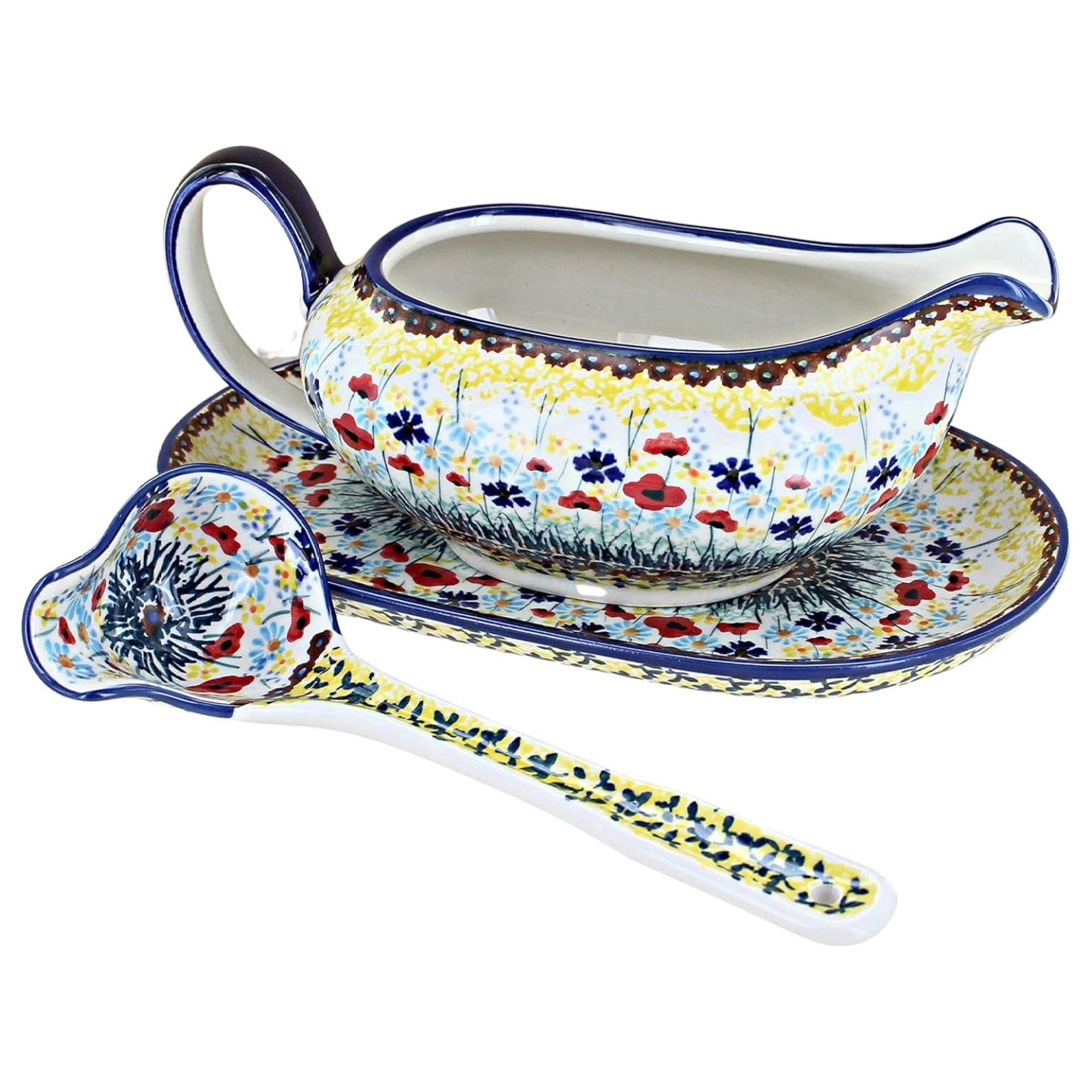 ZHANGHU Blue Rose Polish Pottery Prairie Garden Gravy Boat & Ladle