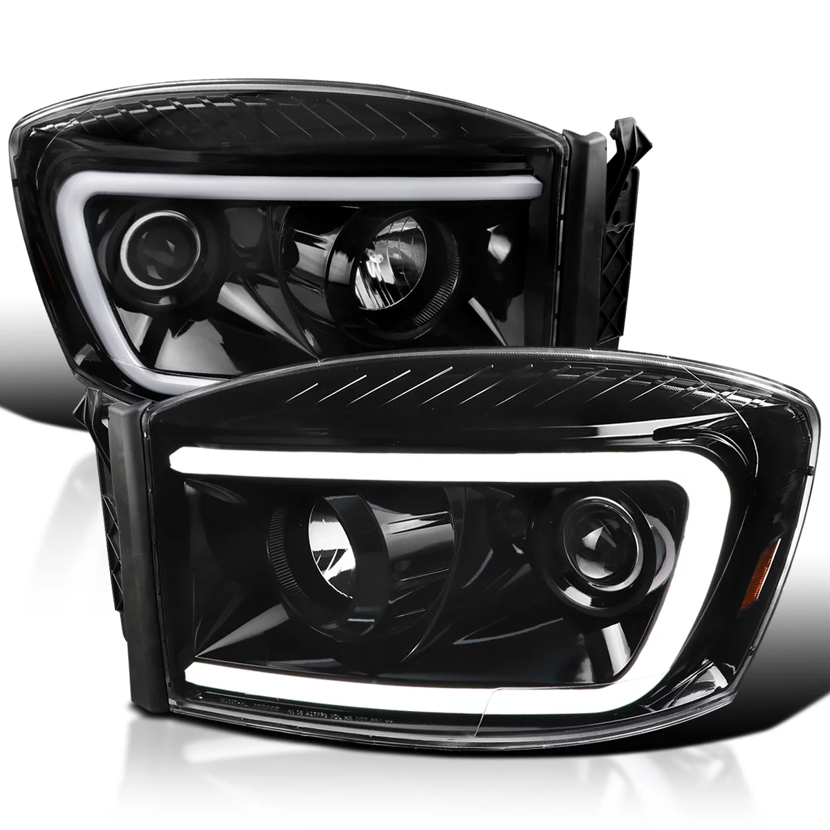 Spec-D Tuning Jet Black Housing Clear Lens Projector Headlights w/ Switchback LED Light Bar Compatible with 2006-2008 Dodge Ram 1500 2500 3500 Left + Right Pair Headlamps Assembly