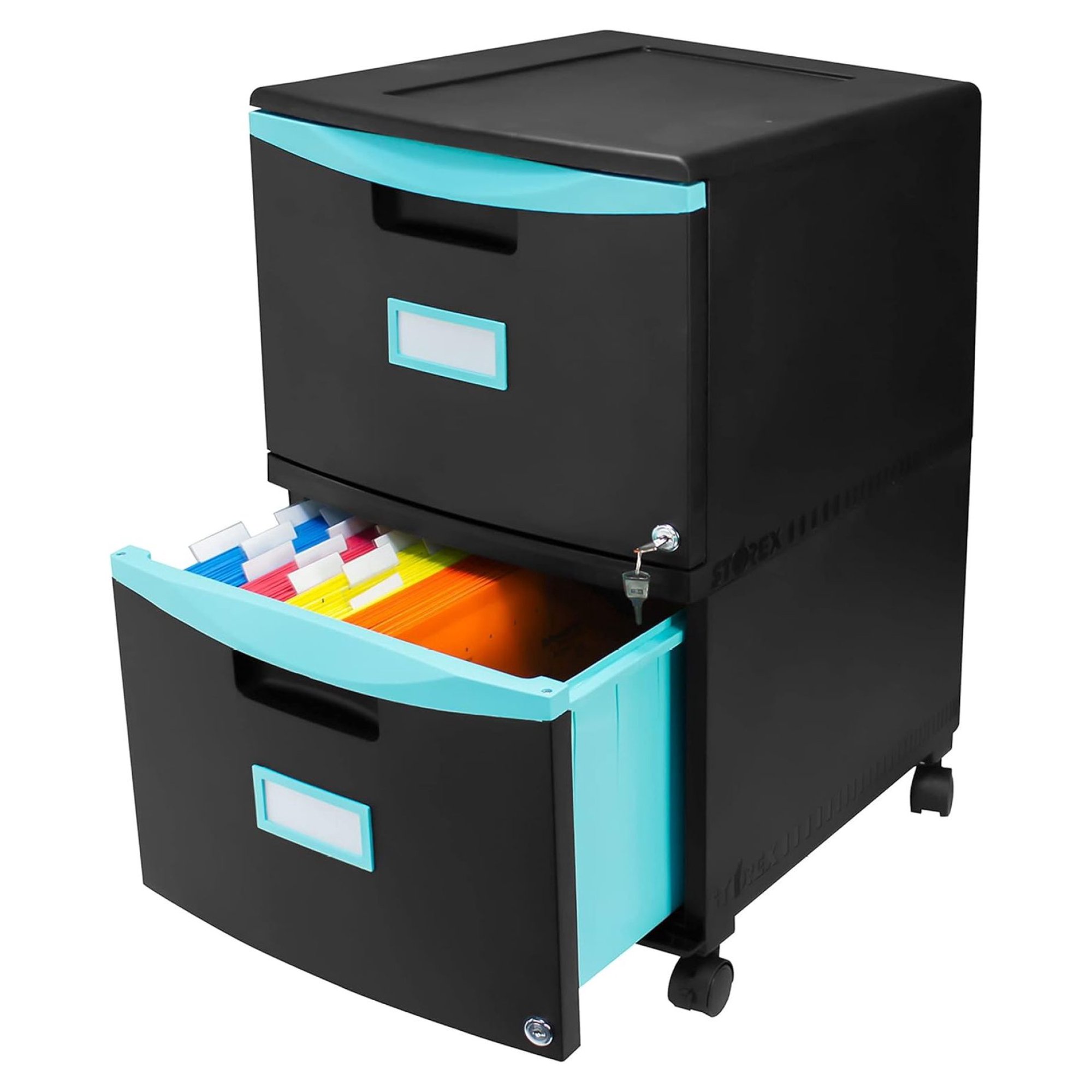 Wension Mobile Pedestal File Cabinet, 2-Drawer, Black/Teal