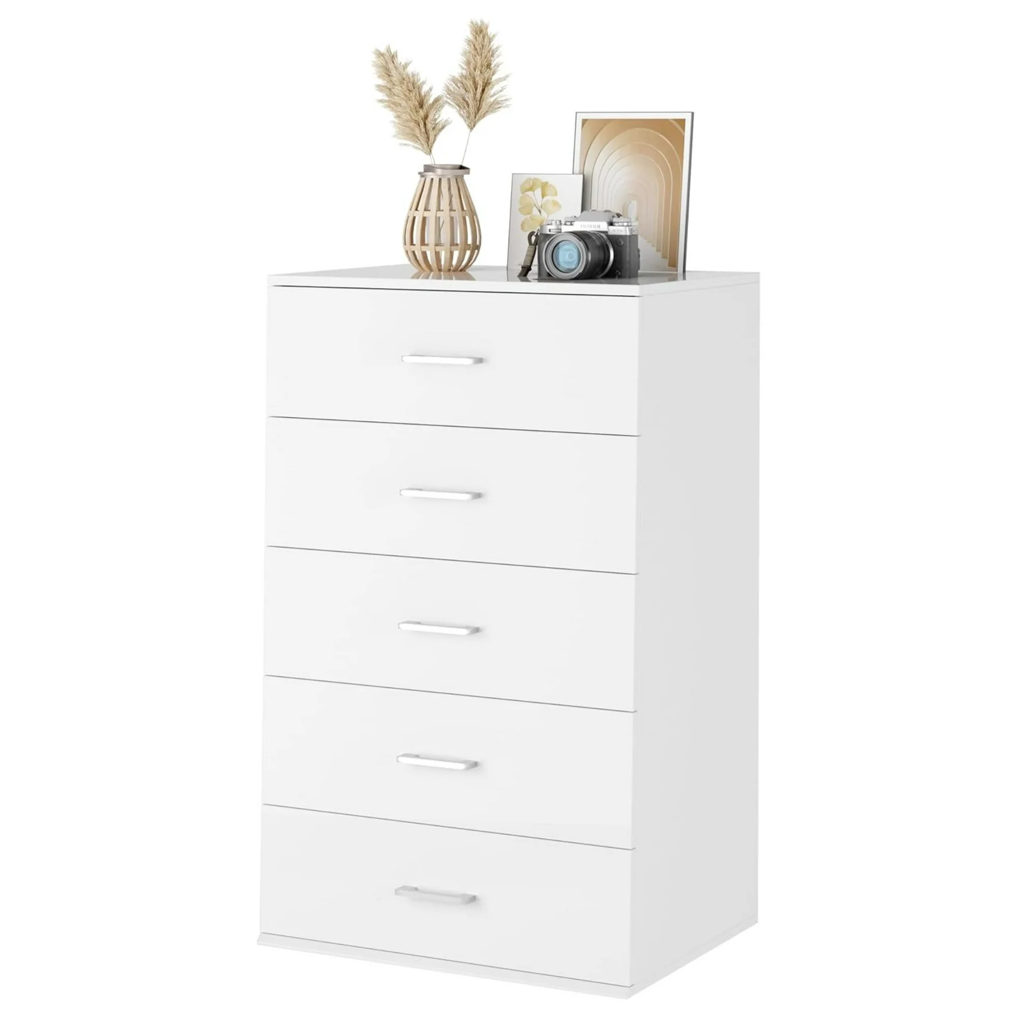 ZHANGHU 5 Drawer Dresser Chest, Freestanding Dresser Storage Tower with Metal Handles, White Storage Cabinet for Living Room, Kitchen, Entryway, White