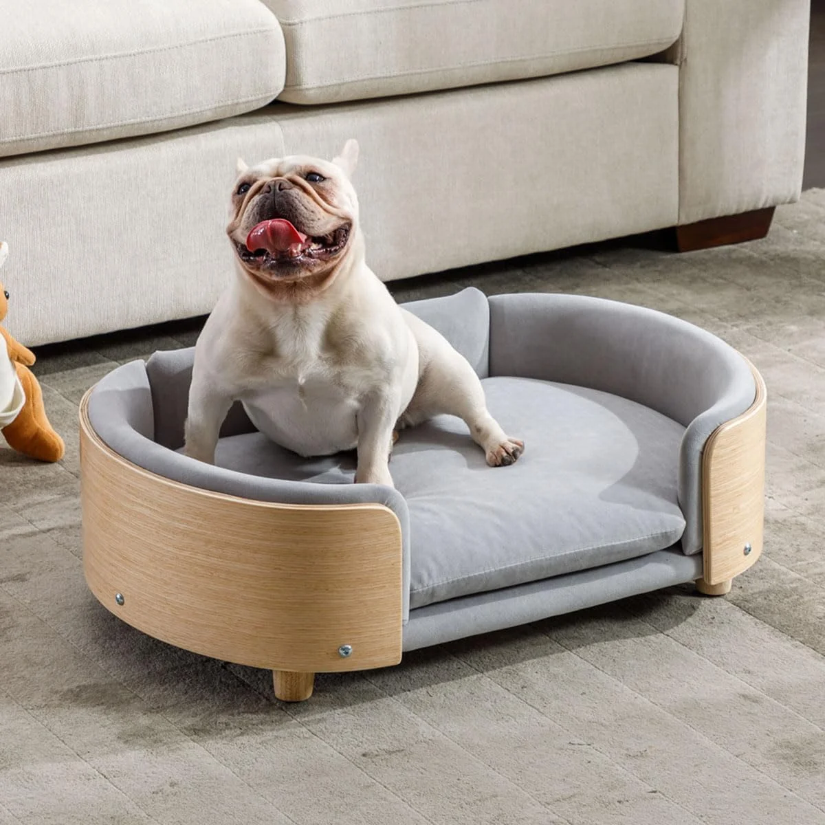 MIDODO Elevated Dog Bed Pet Sofa with Solid Wood Legs and Bent Soft Backrest, Pet Cat Stool Bed with Velvet Cushion,for Small and Medium Size Dogs Kitten