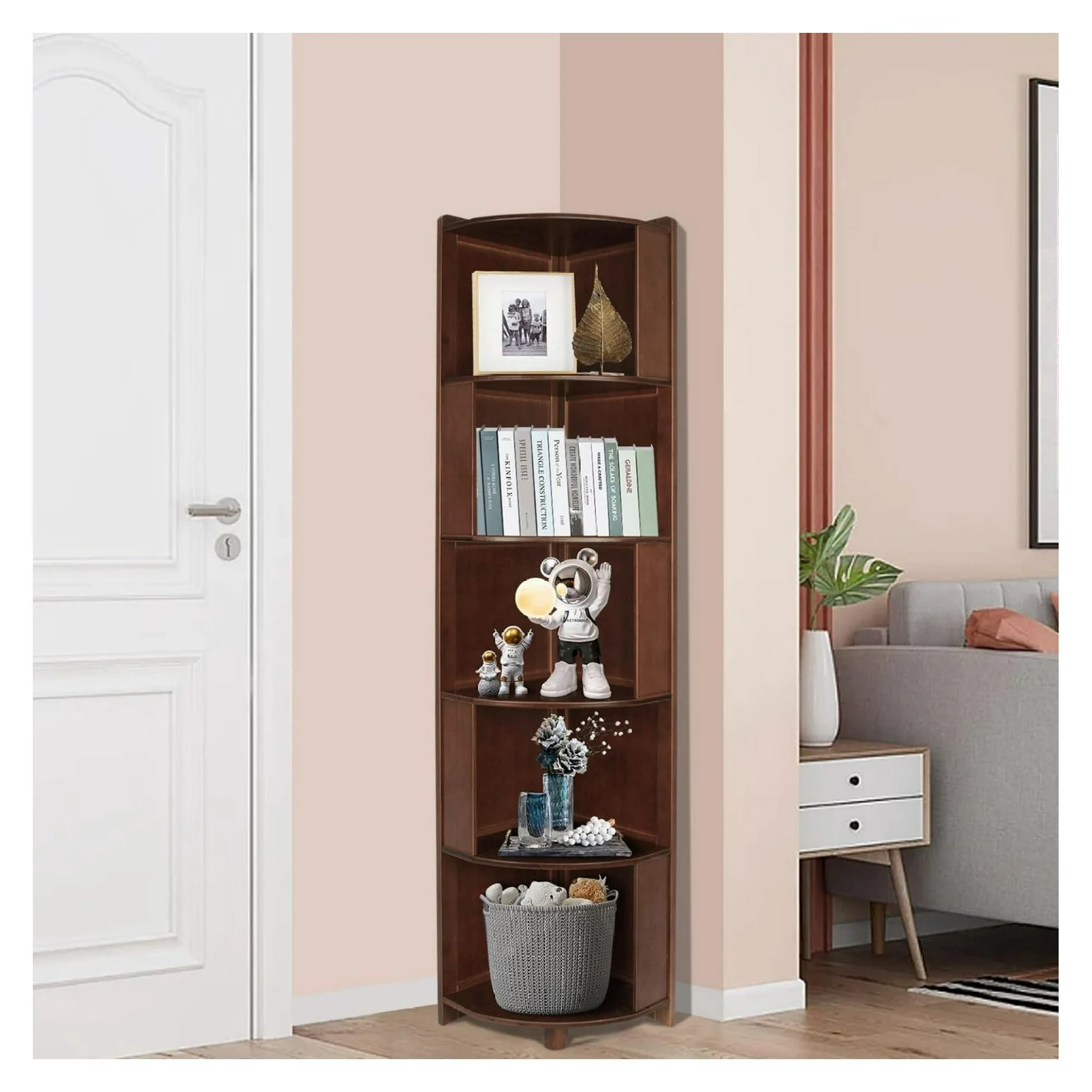 ZHANGHU 5-Tier Corner Bookshelf Bamboo Corner Bookcase, Century Modern Corner Bookshelf Standing Corner Shelf Corner Standing Shelf for Living Room, Bedroom, Home Office, Kitchen (5-Tier)