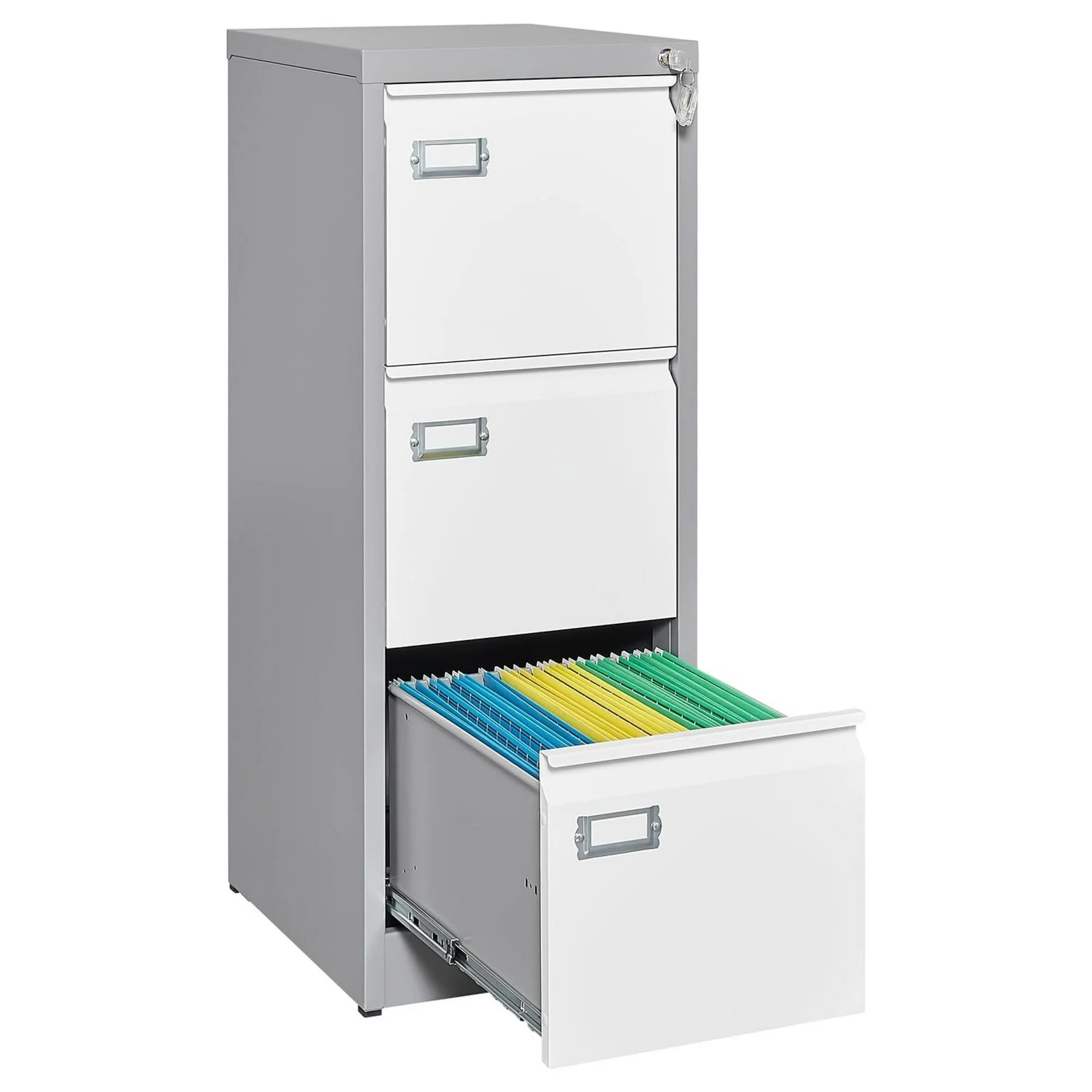 ZHANGHU 3 Drawer Vertical File Cabinet with Lock, Three Drawer Filing Cabinet, Lockable Metal Filing Cabinet for Home Office Organizer Storage Cabinet,Fit Letter /A4/Legal Size File (Grey White)