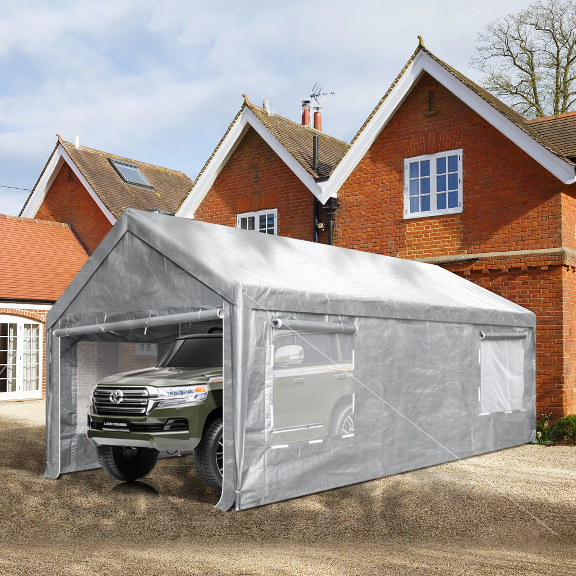 SPECSTAR 12' x 20'  Steel Carport Canopy Tent Garage, with 4 Roll-up Ventilated Windows, and Removable Sidewalls