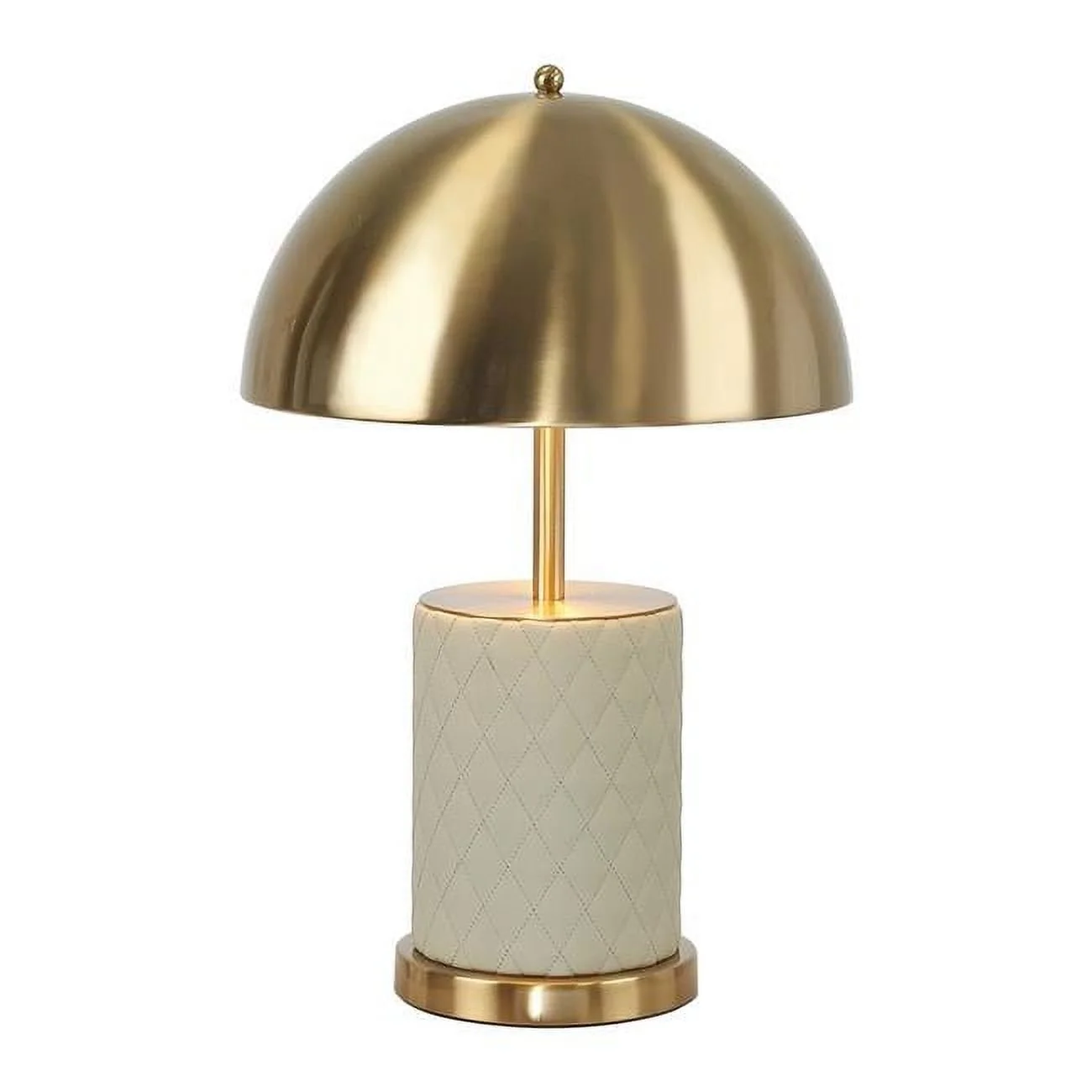 Benjara BM309064 21 in. Aria Faux Leather Round Base Table Lamp with Dome Shade, Beige & Brass