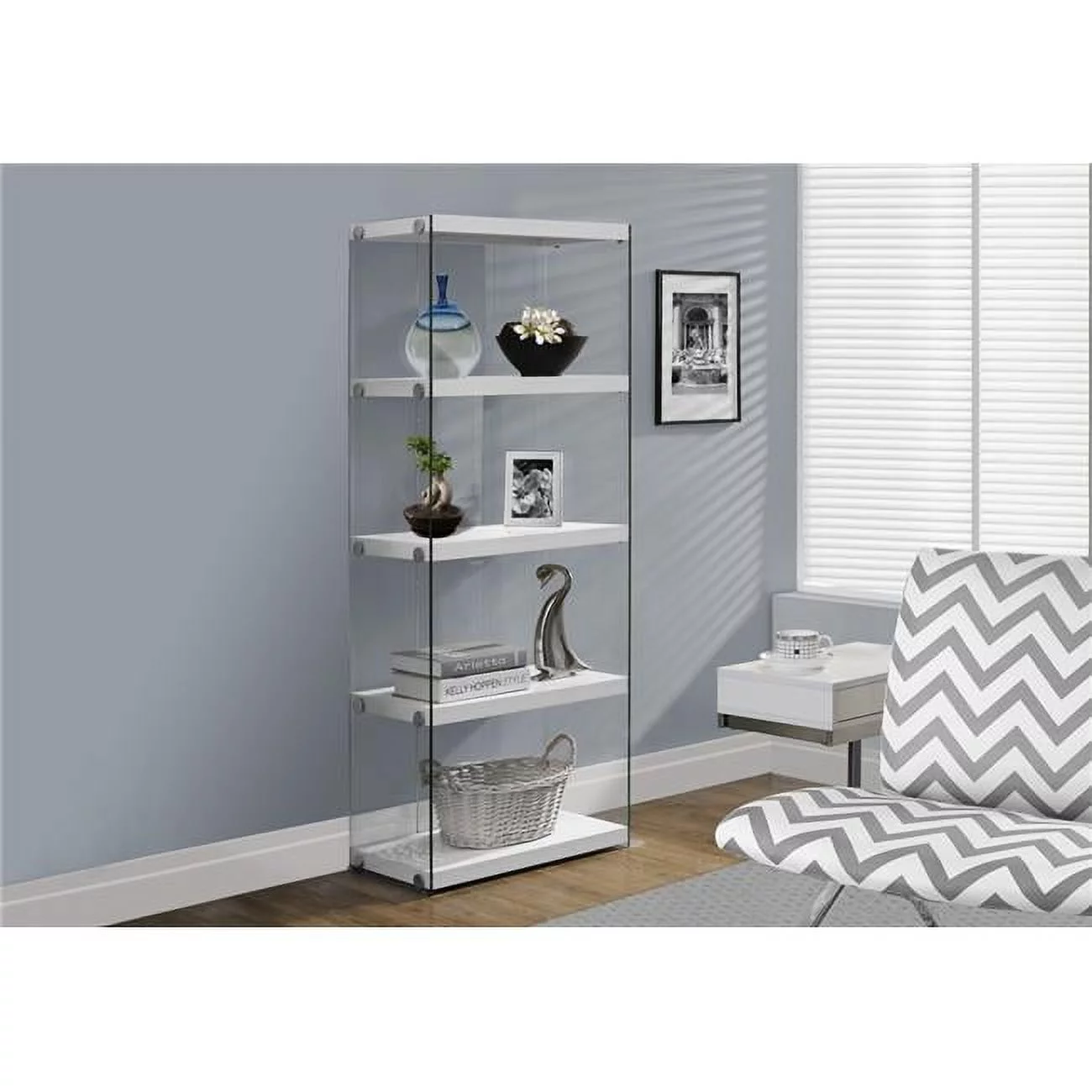 HomeRoots  60 in. Glossy White Particle Board & Clear Tempered Glass Bookcase