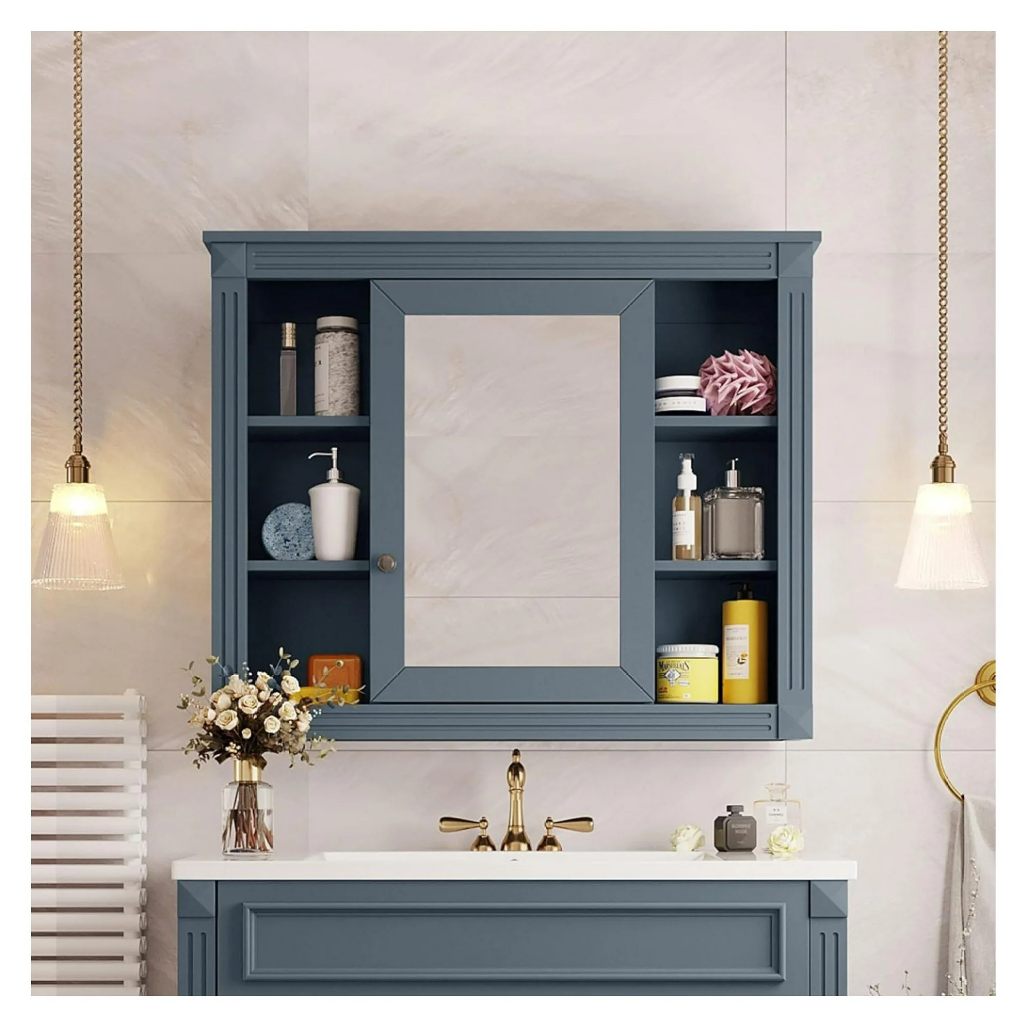 ZHANGHU Bathroom Medicine Cabinet with Mirror, Wall Mounted Over Toilet Storage Cabinet Organizer with Doors and Shelves for Bathroom Laundry Room (Mirror Cabinet , Blue)