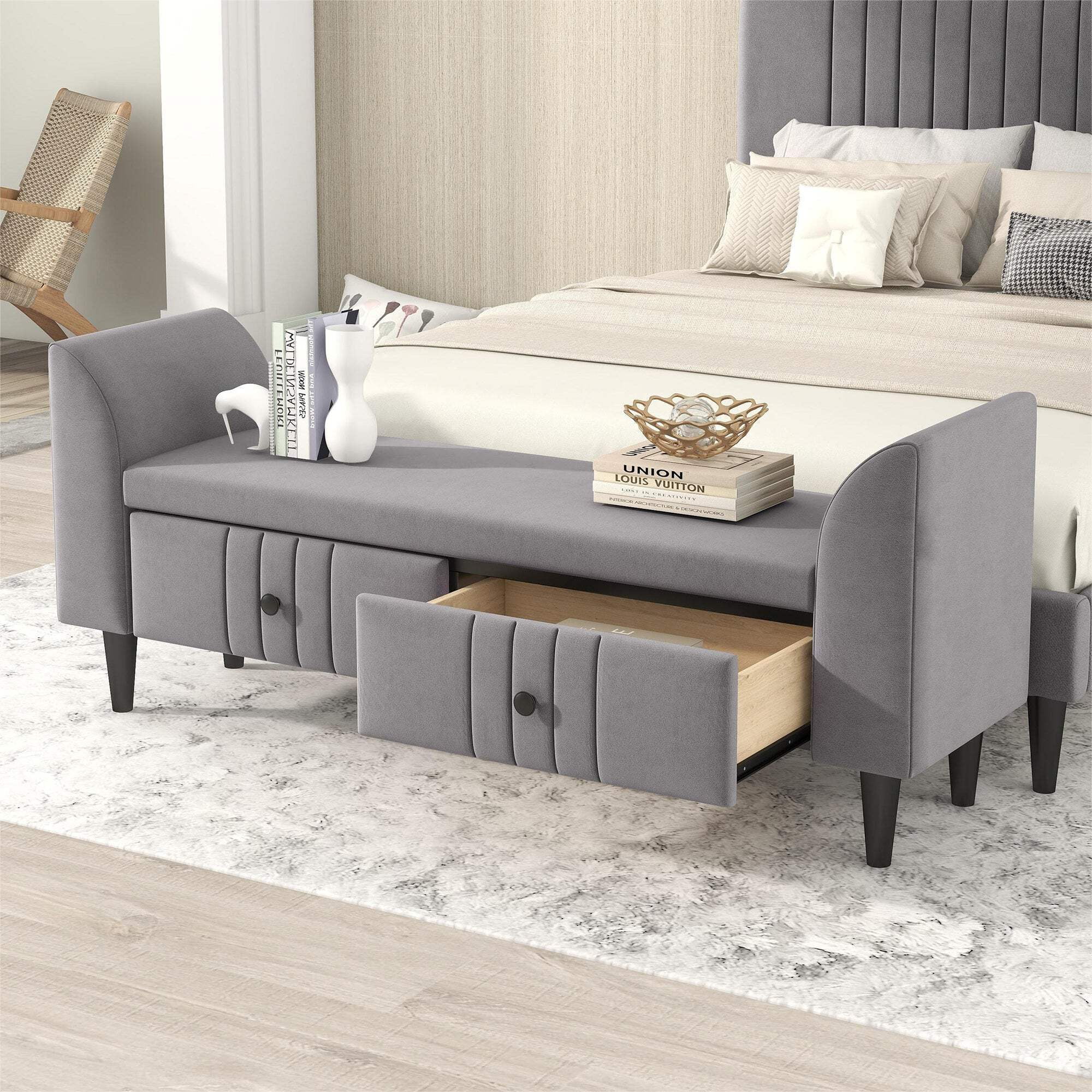 Upholstered Wooden Storage Ottoman Bench with 2 Drawers For Bedroom, Fully Assembled Except Legs and Handles, Gray