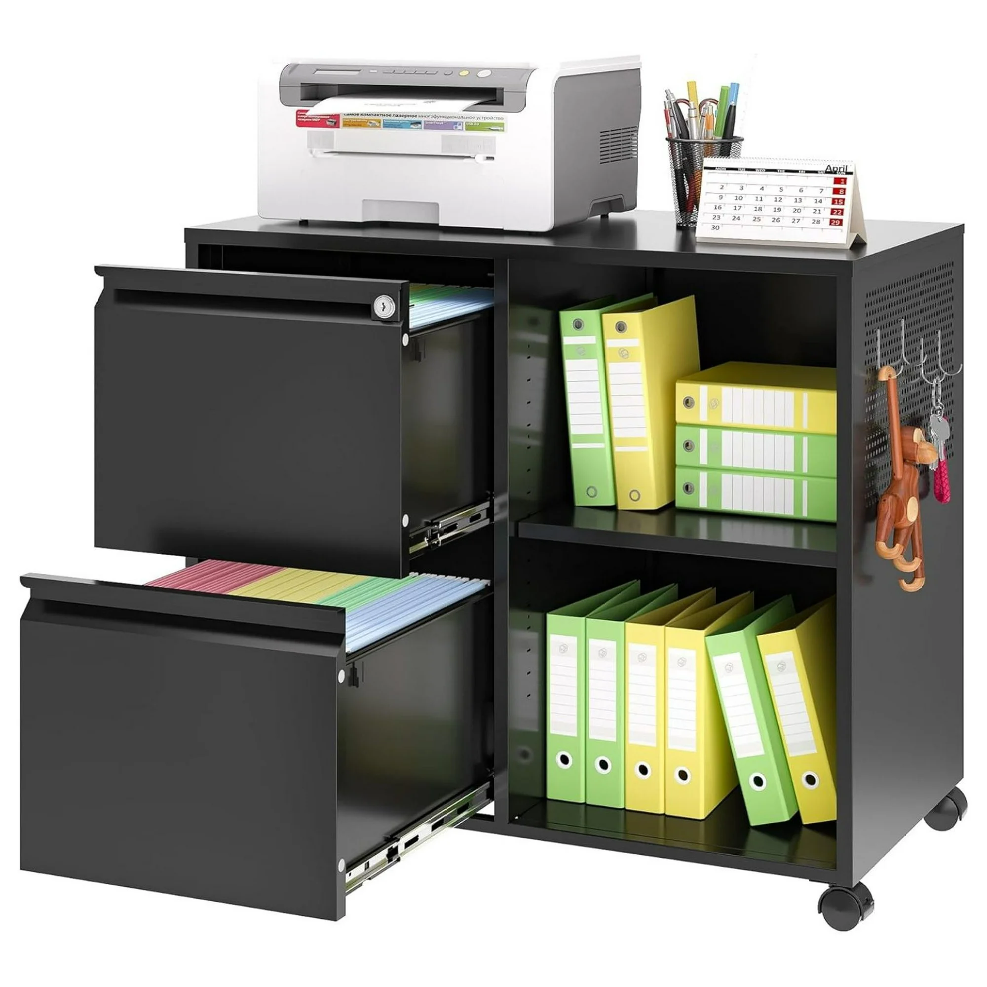 ZHANGHU 2-Drawer File Cabinet Mobile Filing Cabinet with Lock Lateral File Cabinet Printer Stand with Open Storage Shelves for Home Office (Black, Left Drawer)