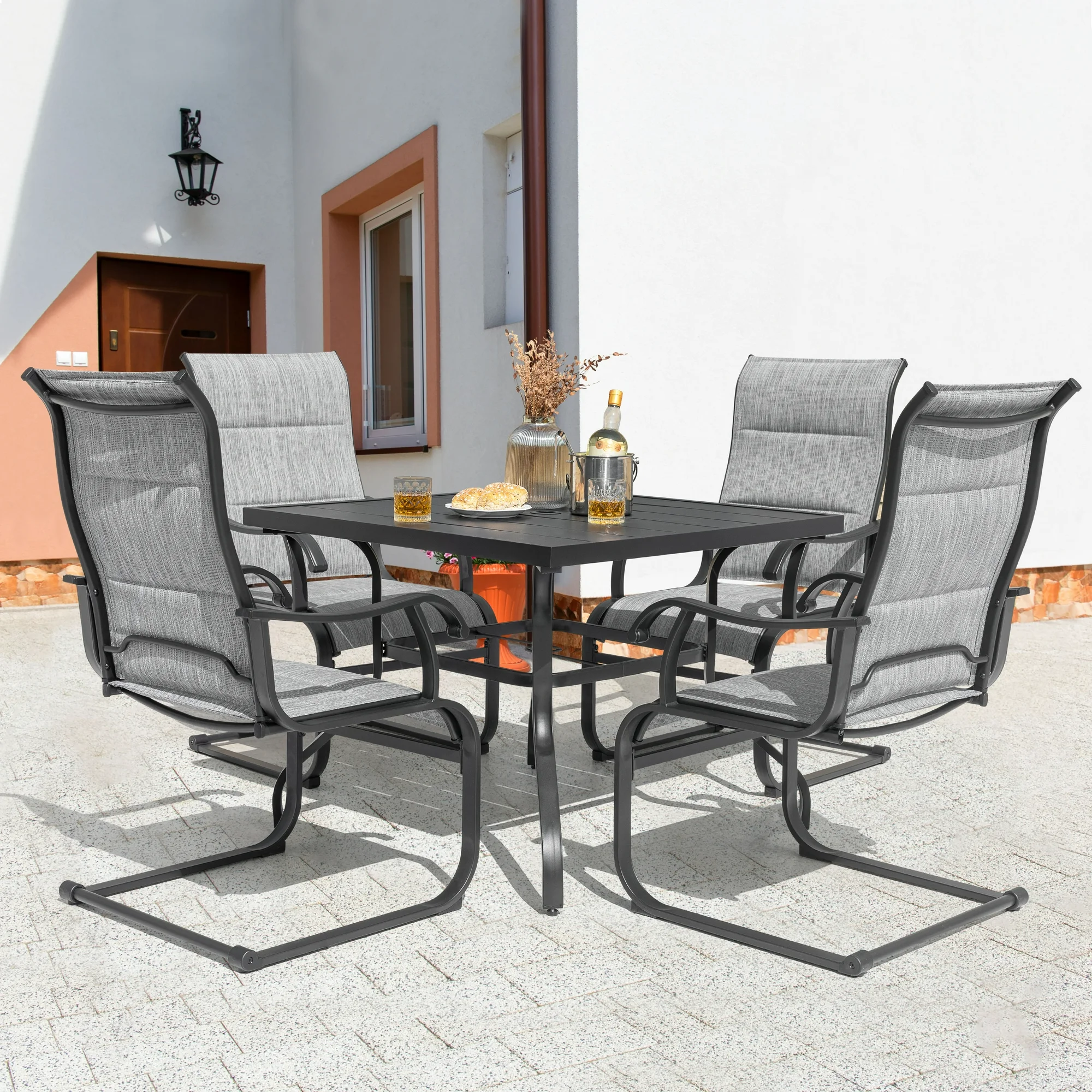 Nuu Garden 5 Piece Outdoor Dining Set, Outdoor Padded Textilene Patio Chairs and Square Dining Table with Umbrella Hole, Grey