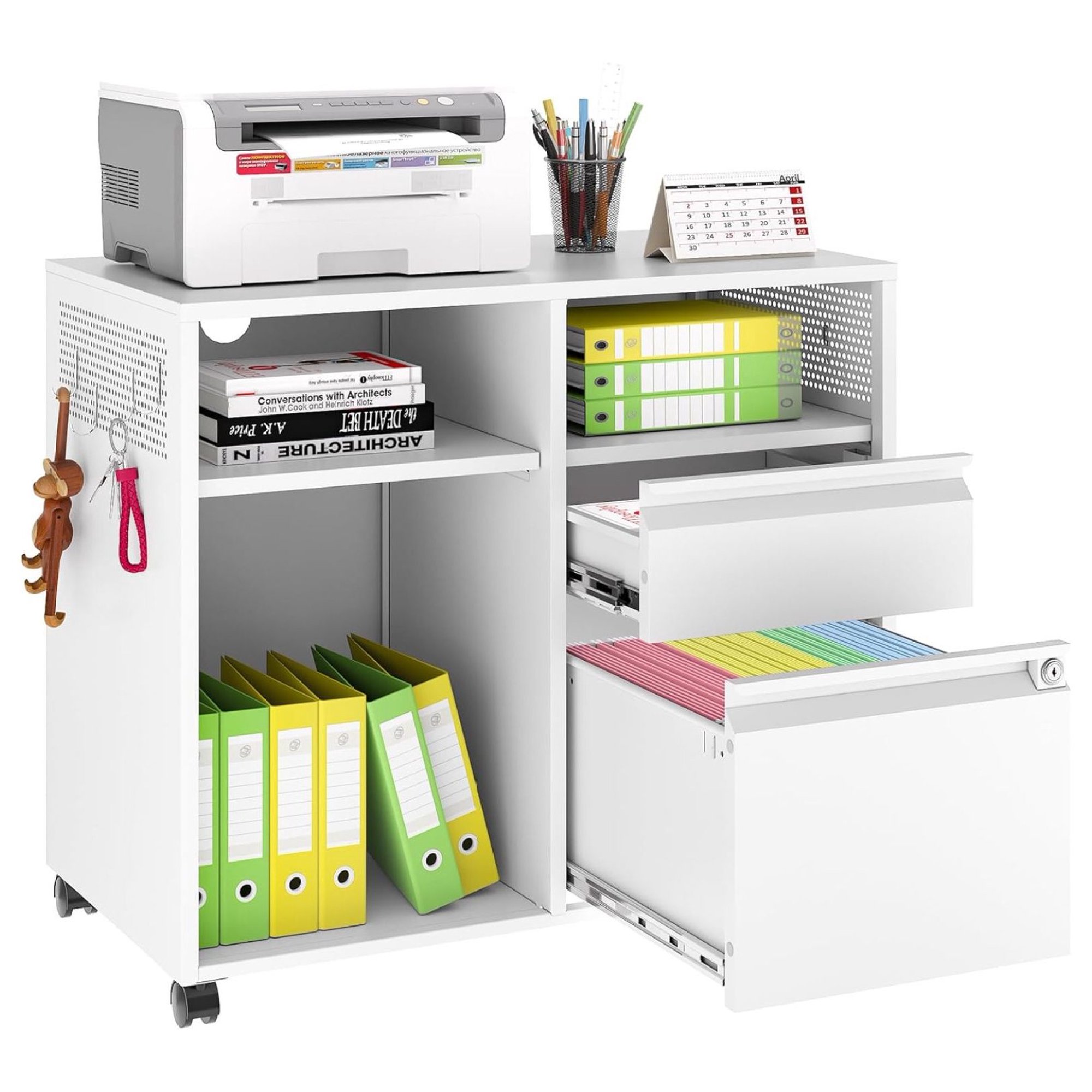 ZHANGHU 2-Drawer File Cabinet Mobile Filing Cabinet with Lock Lateral File Cabinet Printer Stand with Open Storage Shelves for Home Office (White, Right Drawer)