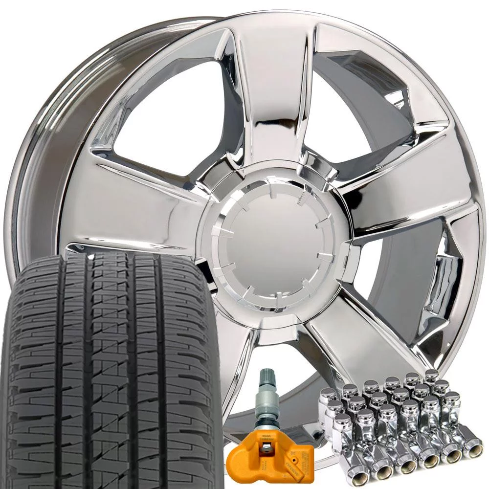 OE Wheels 20 inch Chrome 5651 Rims, Bridgestone Tires, Lugs, TPMS Set Fits Specific GM Trucks