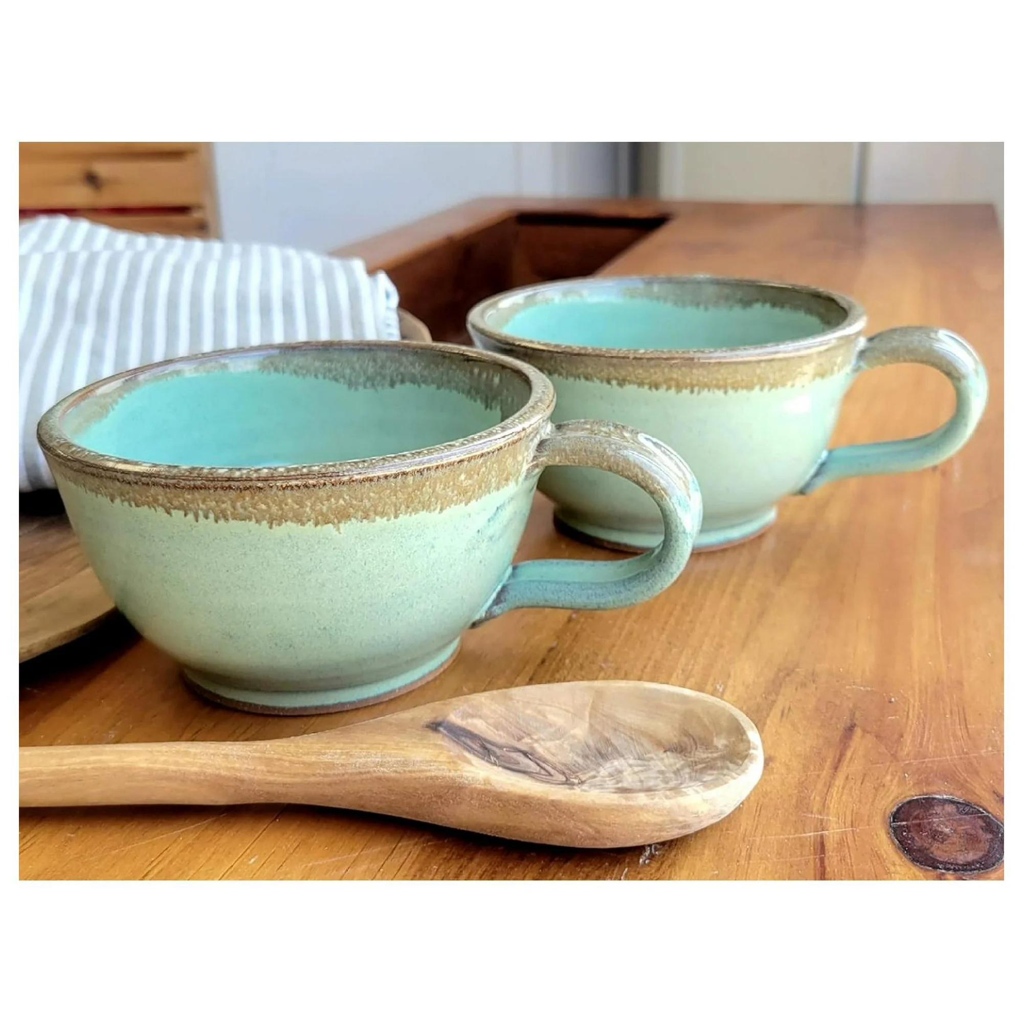 ZHANGHU Handmade Ceramic Soup Bowls With Handles Set of 2 Deep Large Rustic Chowder Green Bronze Drip Speckle 20 Oz