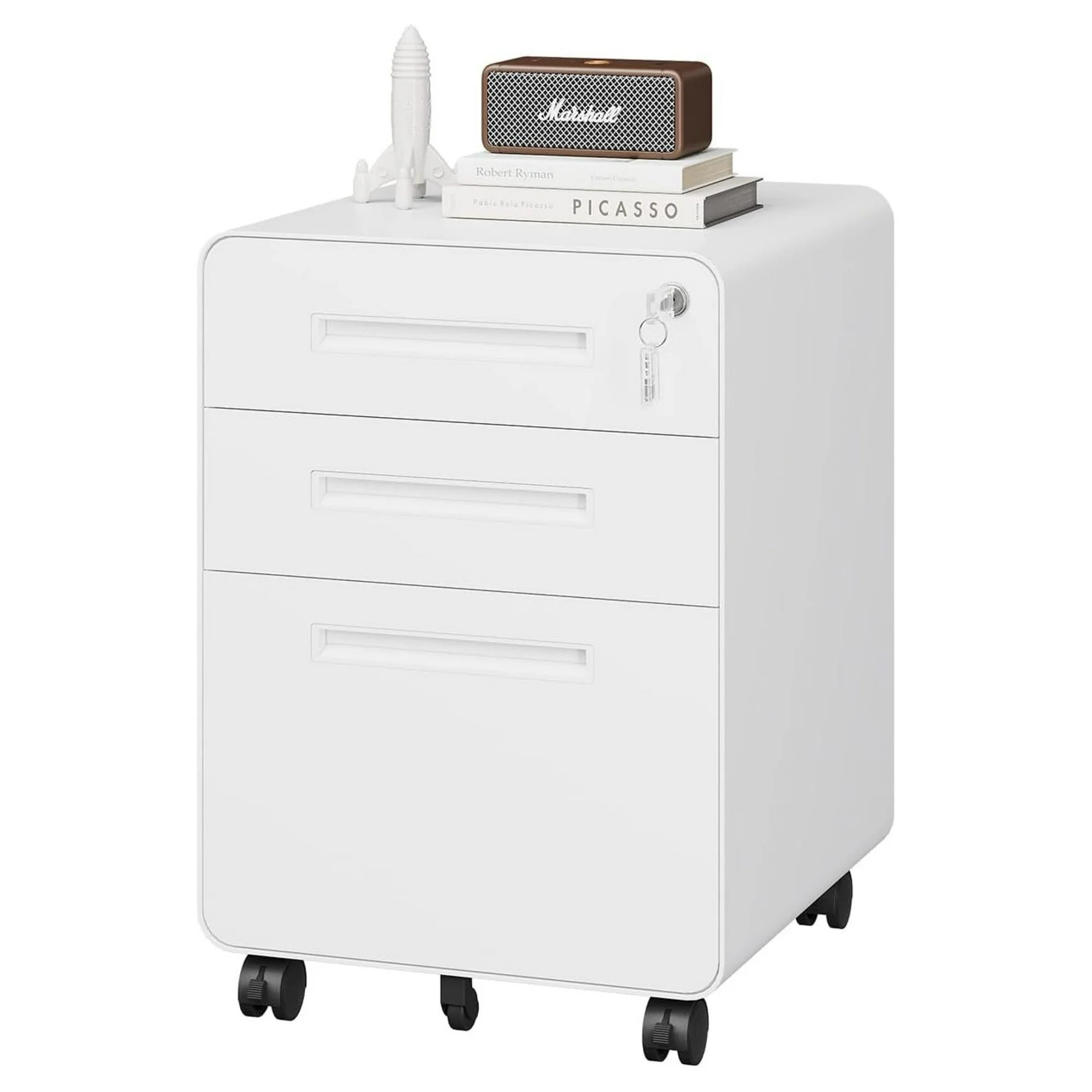 ZHANGHU 3 Drawer File Cabinet with Lock, Metal Under Desk Rolling Filing Cabinet fits Letter/Legal/A4 Size for Home Office,(Fully Assembled, White)