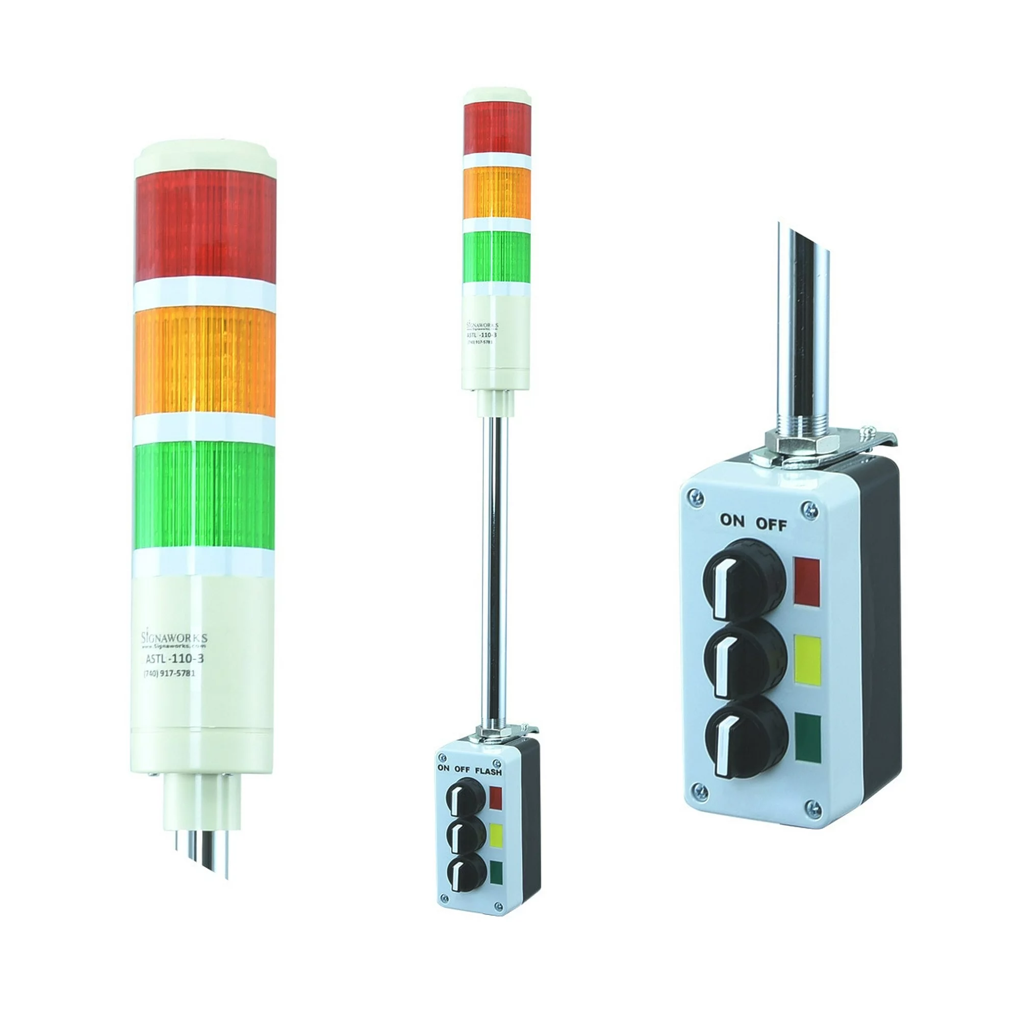 Signaworks 3 Stack Super Bright LED Andon Tower Light, Off-Steady, Red/Amber/Green, 8 ft Power Cord, Plug & Play Ready