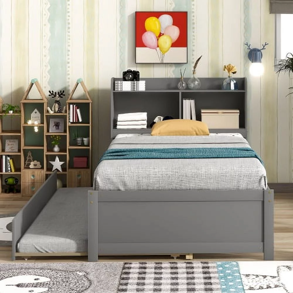 Twin Bed Platform Bed with Trundle, Wooden Twin Bed Frame with Bookcase Headboard, Twin Platform Bed with Pull Out Trundle Bed for Kids Girls Boys, No Box Spring Needed, Grey