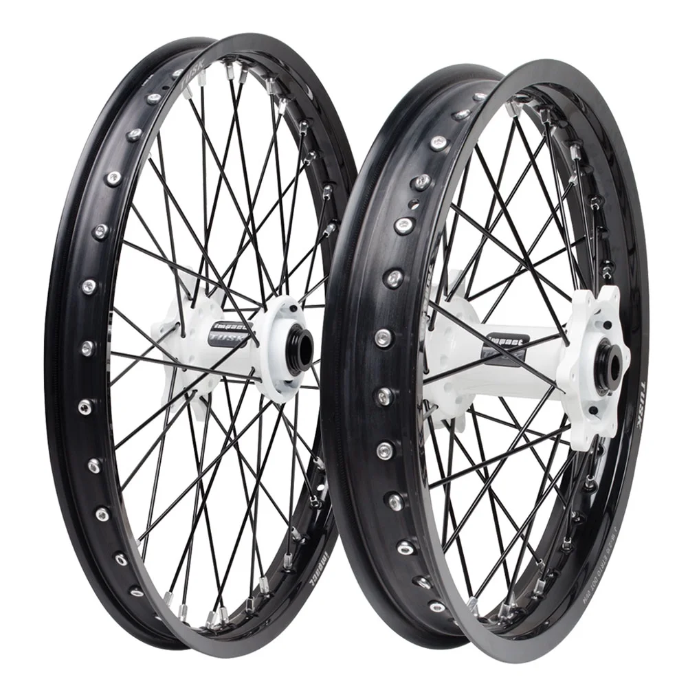 Tusk Impact Complete Front and Rear Wheel 1.60 x 21 / 2.15 x 18 Black Rim/Black Spoke/White Hub For Husqvarna FC 250 2014-2022