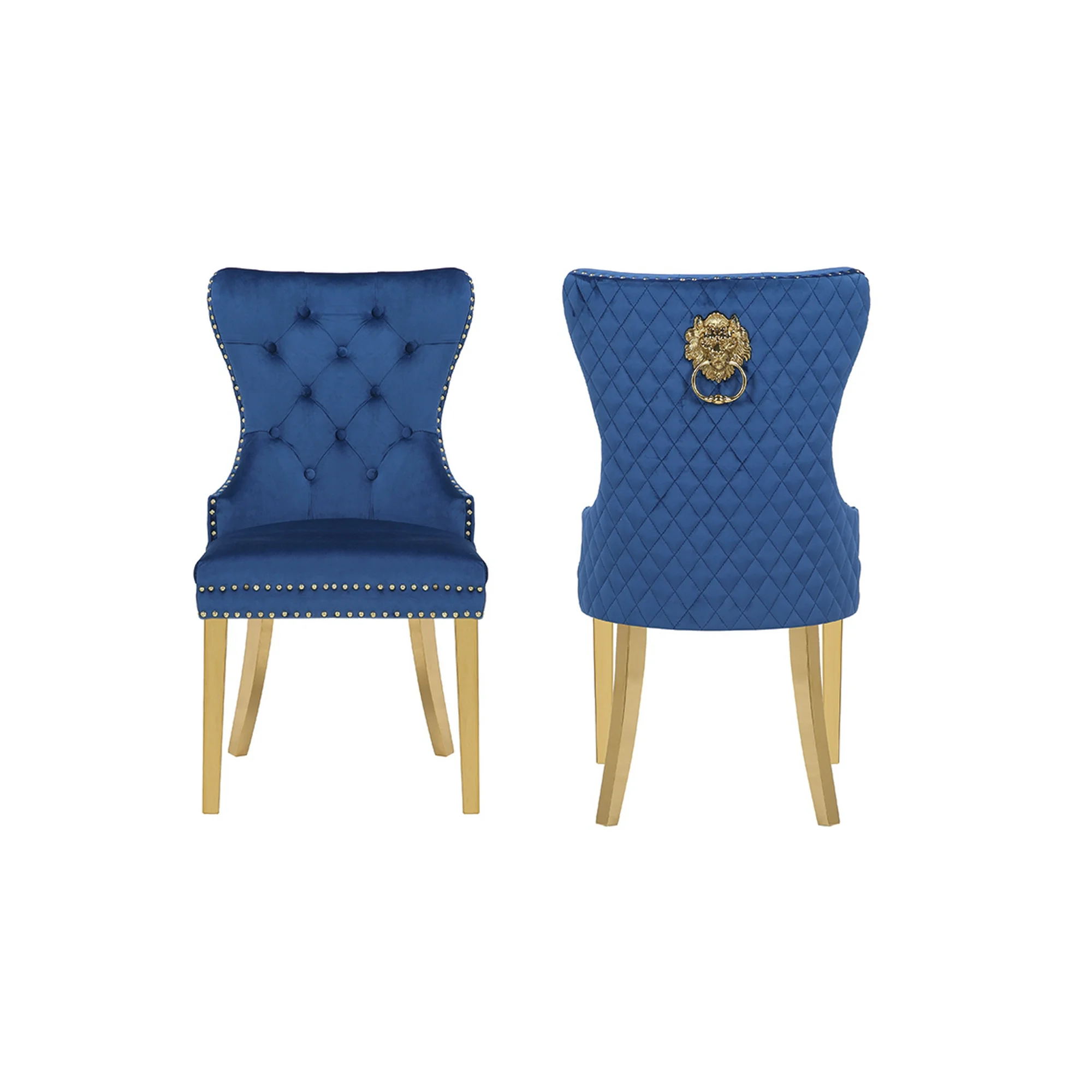 Velvet Upholstered Dining Chairs, Set of 2, Dining Room Tufted Chair, Modern Button Tufted Armless Chairs with Nailhead Trim and Back Ring Pull, Gold Legs, for Dining Room, Kitchen, Navy