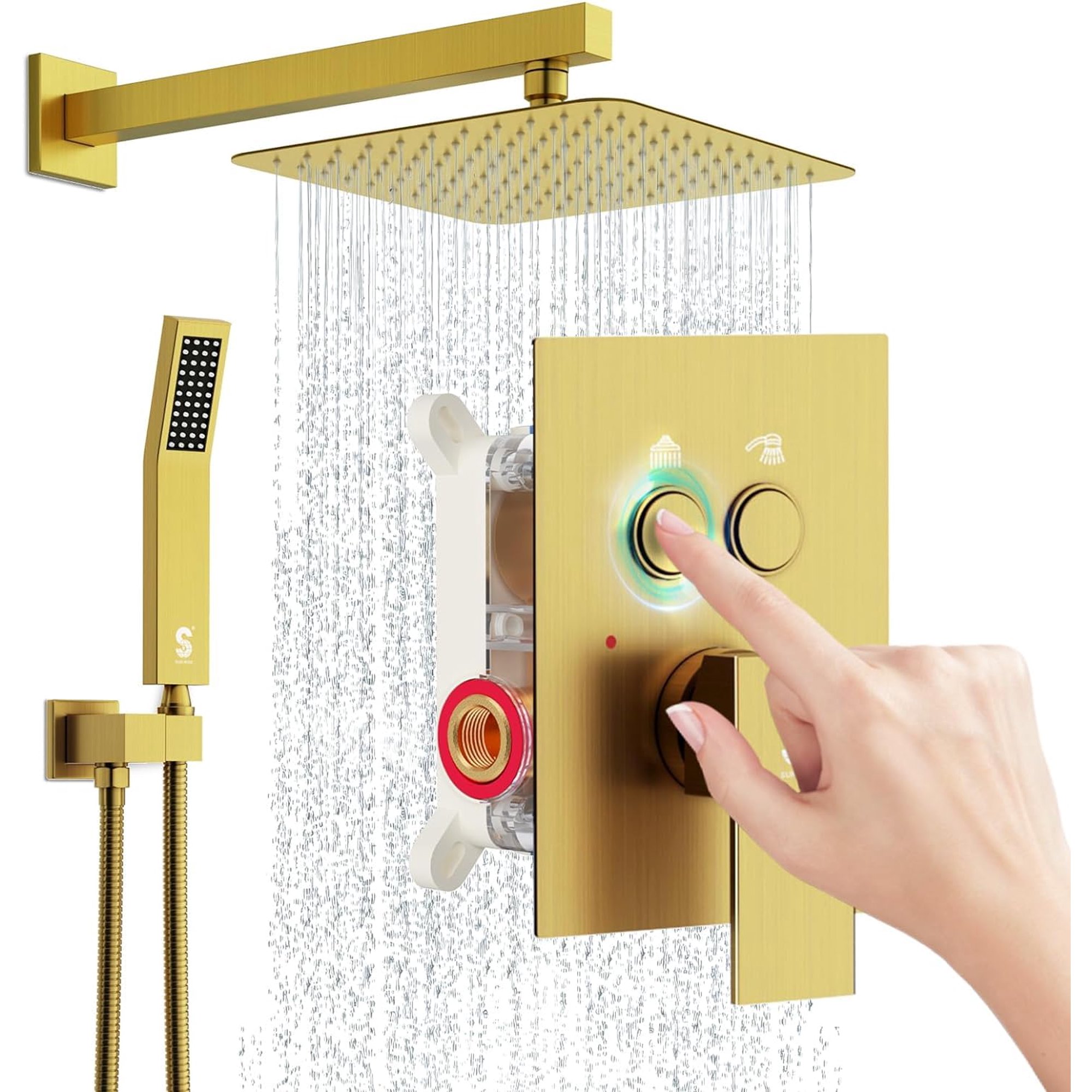 SR SUN RISE Shower System with Push Button Diverter Bathroom Luxury 10 Inch Rain Shower Head with Handheld Spray, High Pressure Shower Faucet Combo Set with Faucet Trim Repair Kits, Brushed Gold