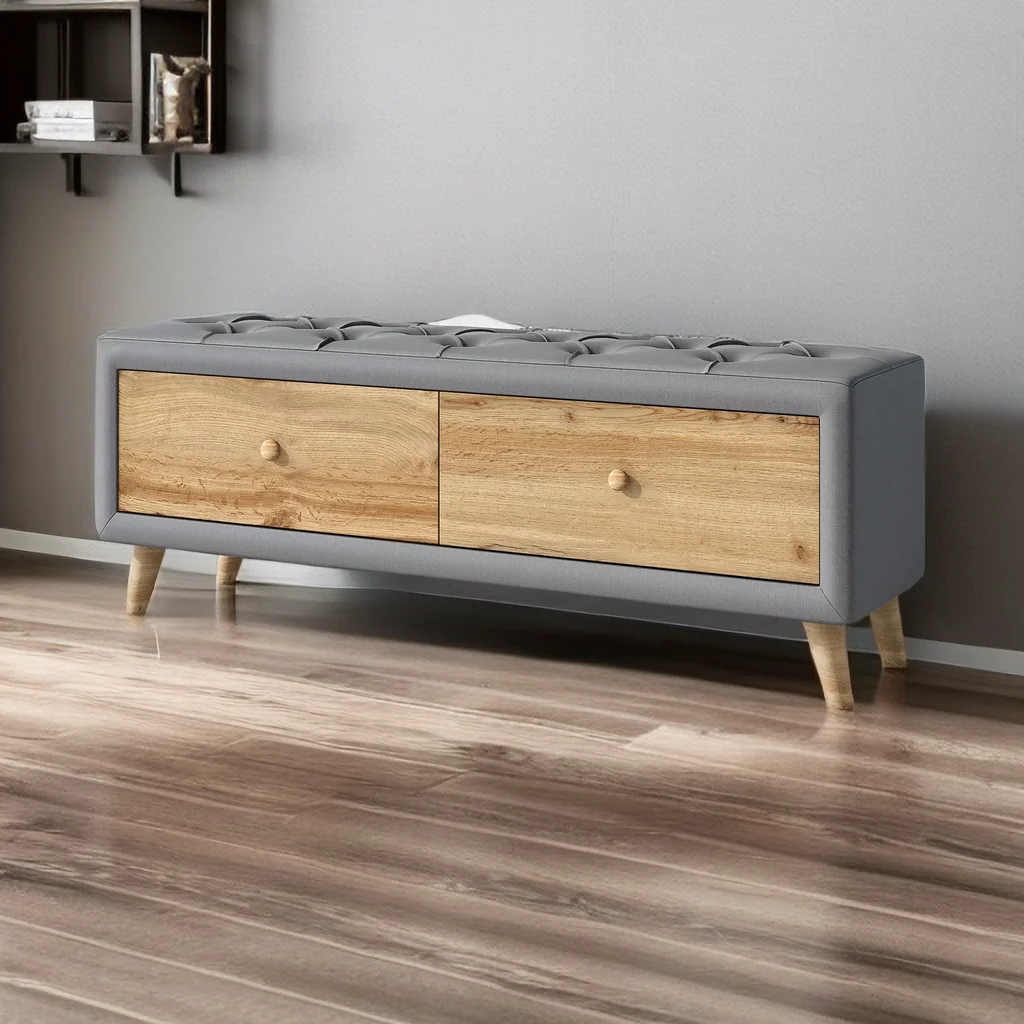 Upholstered Wooden Storage Ottoman Bench with 2 Drawers for Bedroom, Fully Assembled Except Legs and Handles, Padded Seat with Rubber Wood Leg