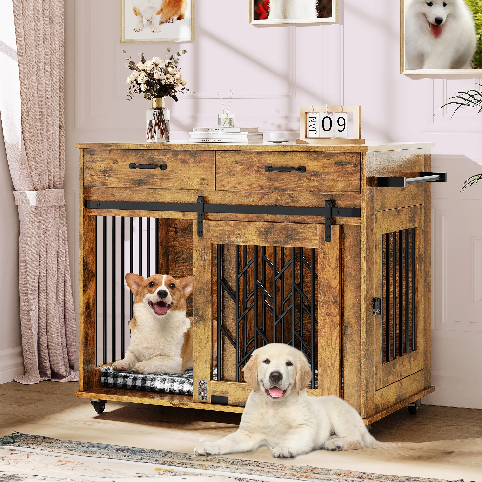 Uforic 39 inch Dog Crate Furniture End Table large Wooden Indoor Dog Kennel with Drawer & Wheels for Small to Medium Brown