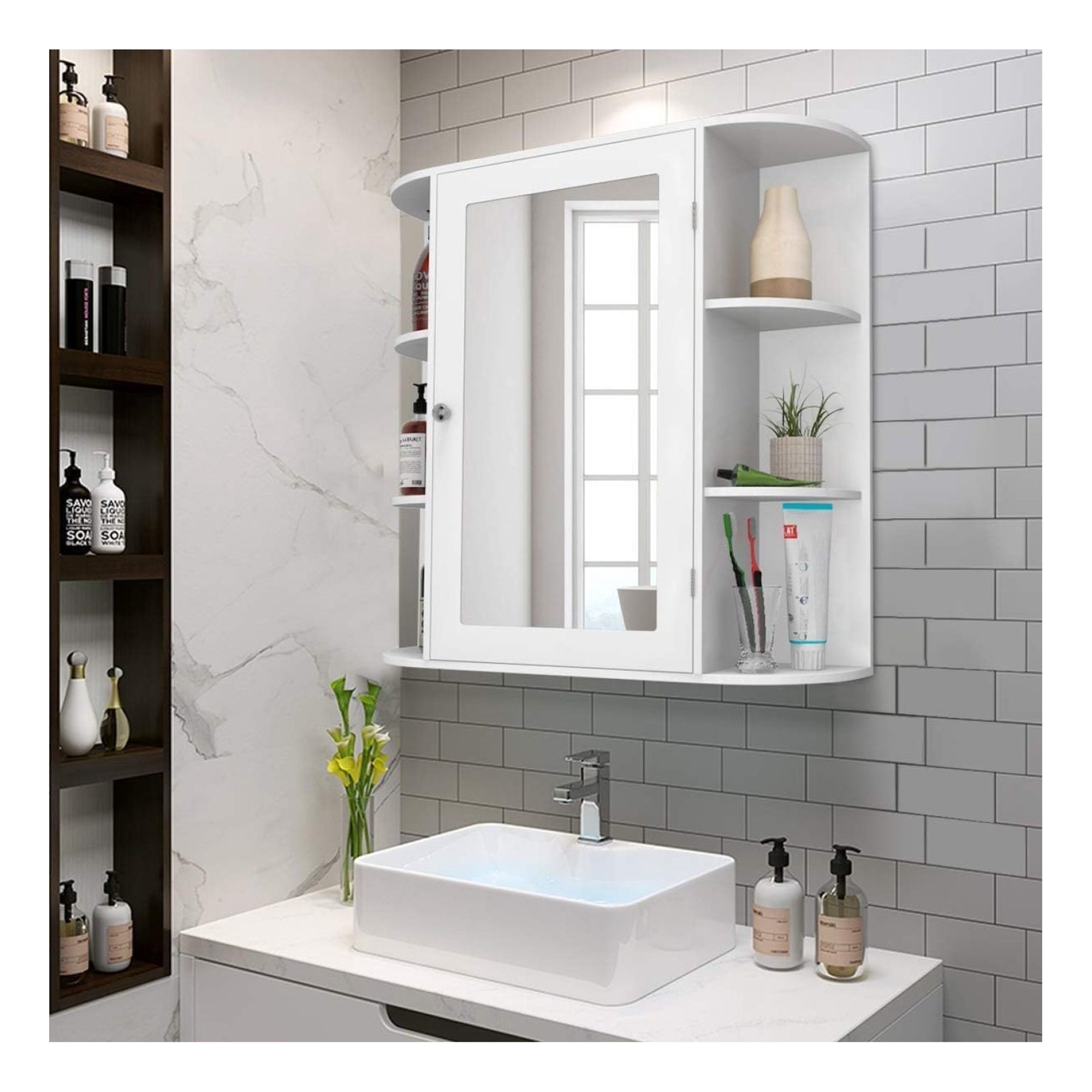 ZHANGHU Casart Wall Mounted Bathroom Cabinet with Mirror, Single Door Medicine Cabinet with 4-Tier Inner Shelf