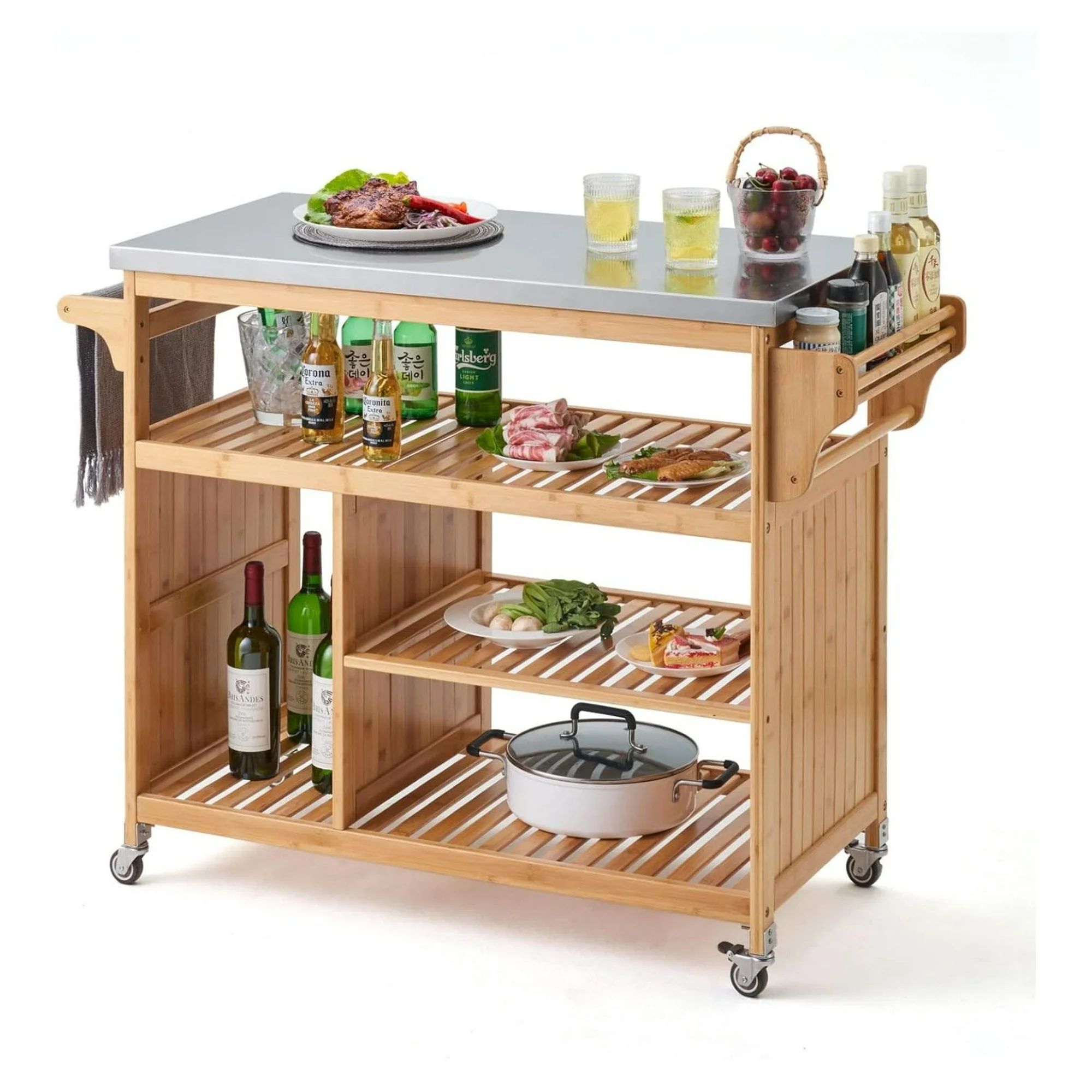 ZHANGHU Bamboo Kitchen Rolling Utility Trolley Cart with Stainless Steel Top. Ding Rolling Cart, Kitchen Worktable, Outdoor BBQ Food Prep Cart, Multifunctional Flattop Bar Cart (Nature)