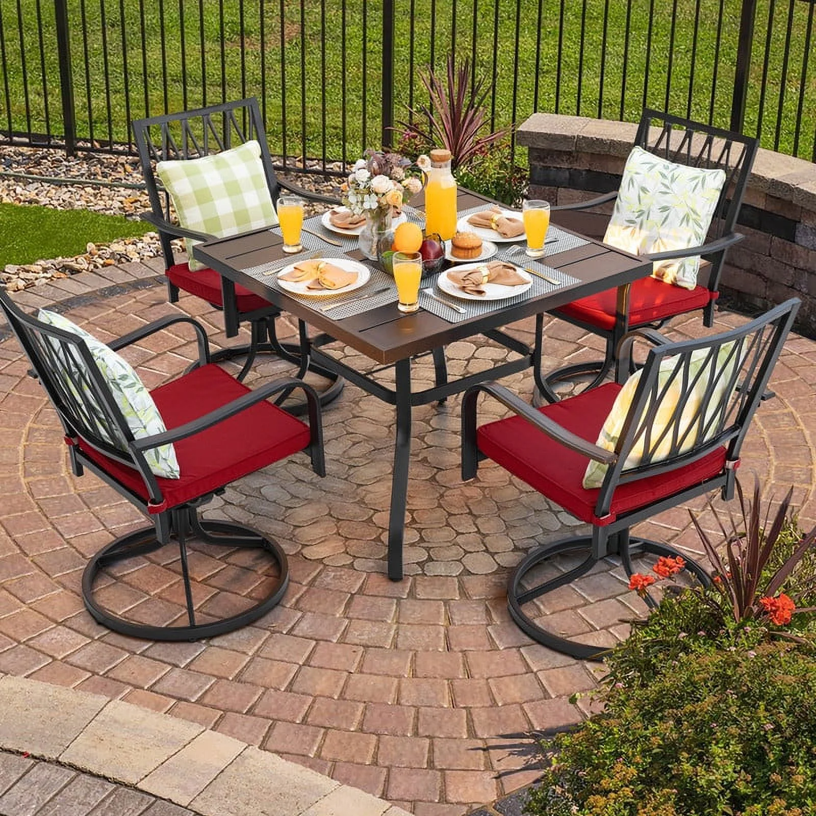 Nuu Garden 5 Piece Outdoor Patio Metal Dining Set,Furniture Set for 4 Cushioned Swivel Chairs and 37