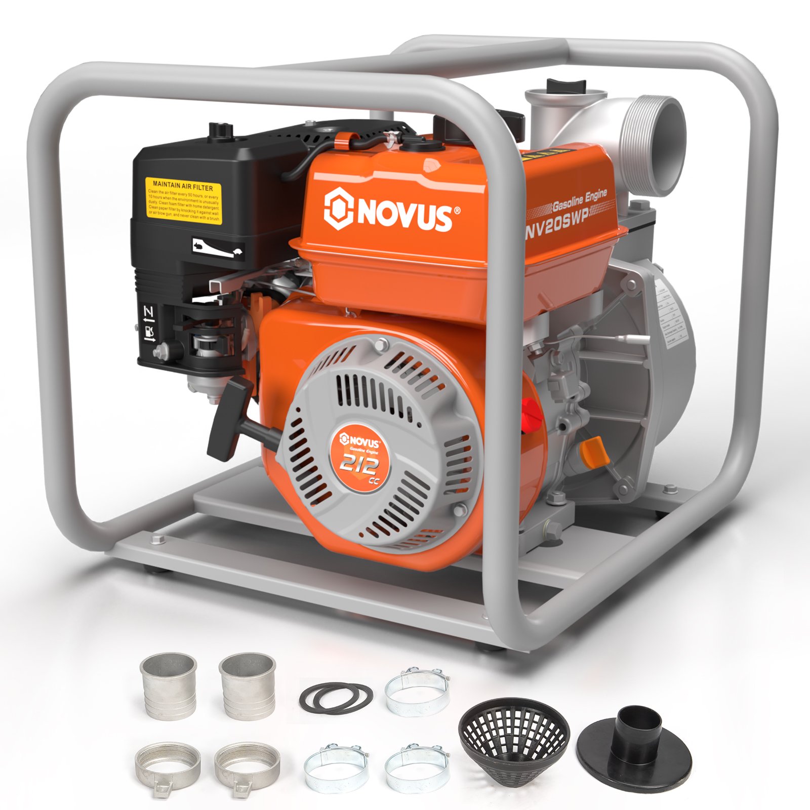 NOVUS Semi Trash Pump 2 inch, Gas Powered Water Pump for Pond Pool Draining Gardening Irrigation 141 GPM 100ft Lift 23ft Suction, EPA Certified