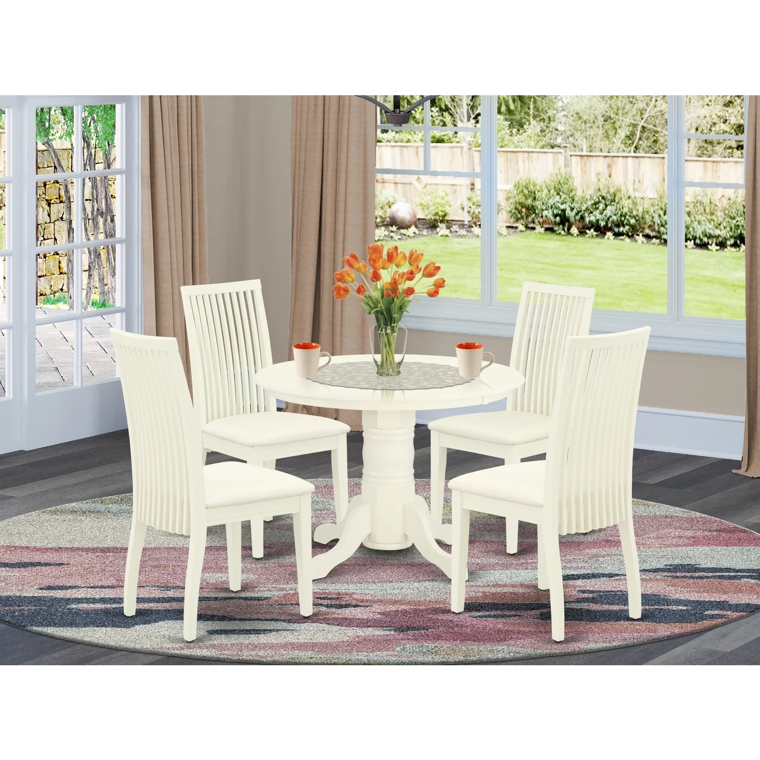 HomeStock Country Cottage 5Pc Dining Set Includes A Round Dining Room Table And Four Linen Seat Dining Chairs, White Finish