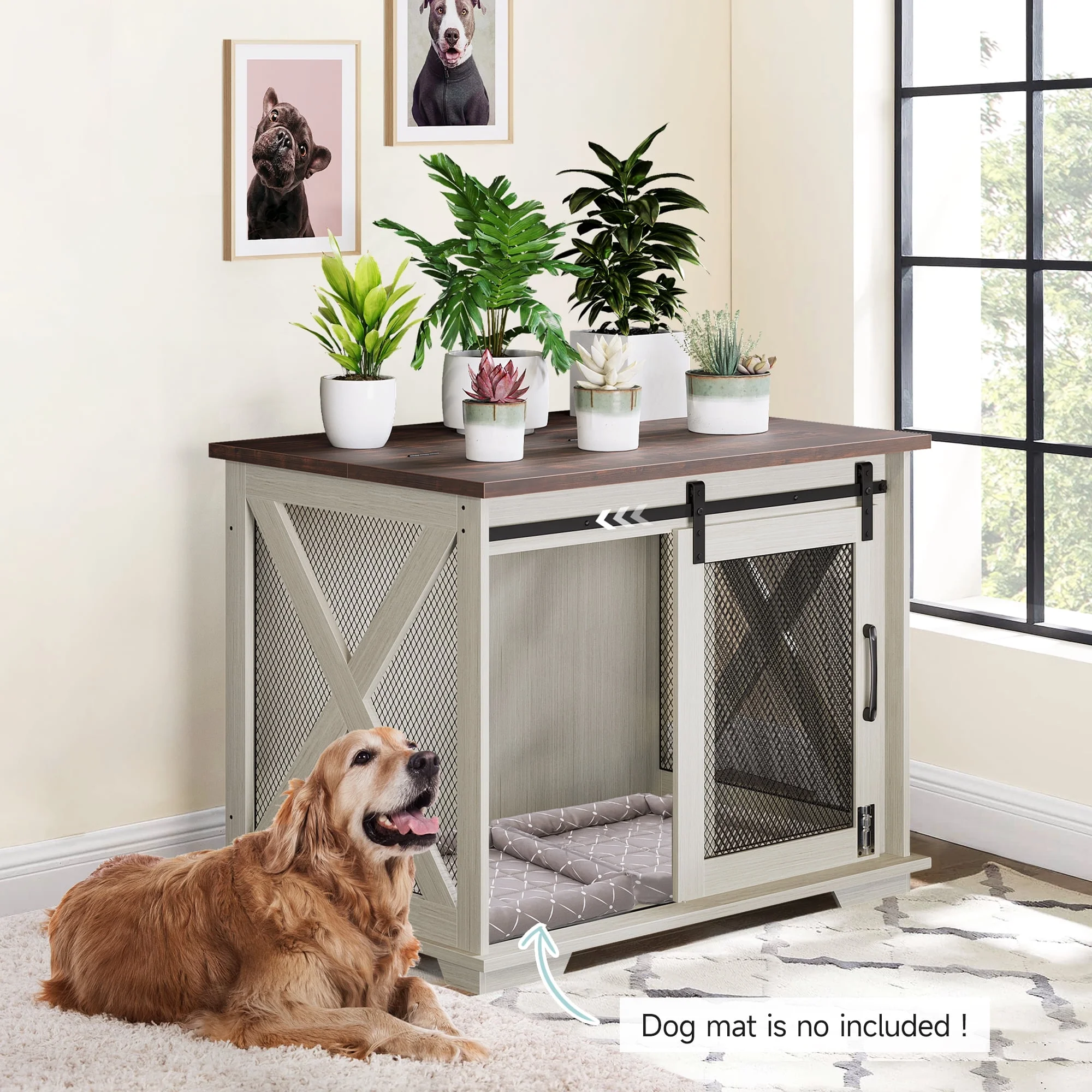 37'' Dog Crate Furniture Side End Table with Flip Top and Movable Divider, Wooden Dog Crate Table Large, Style Dog Kennel Side End Table
