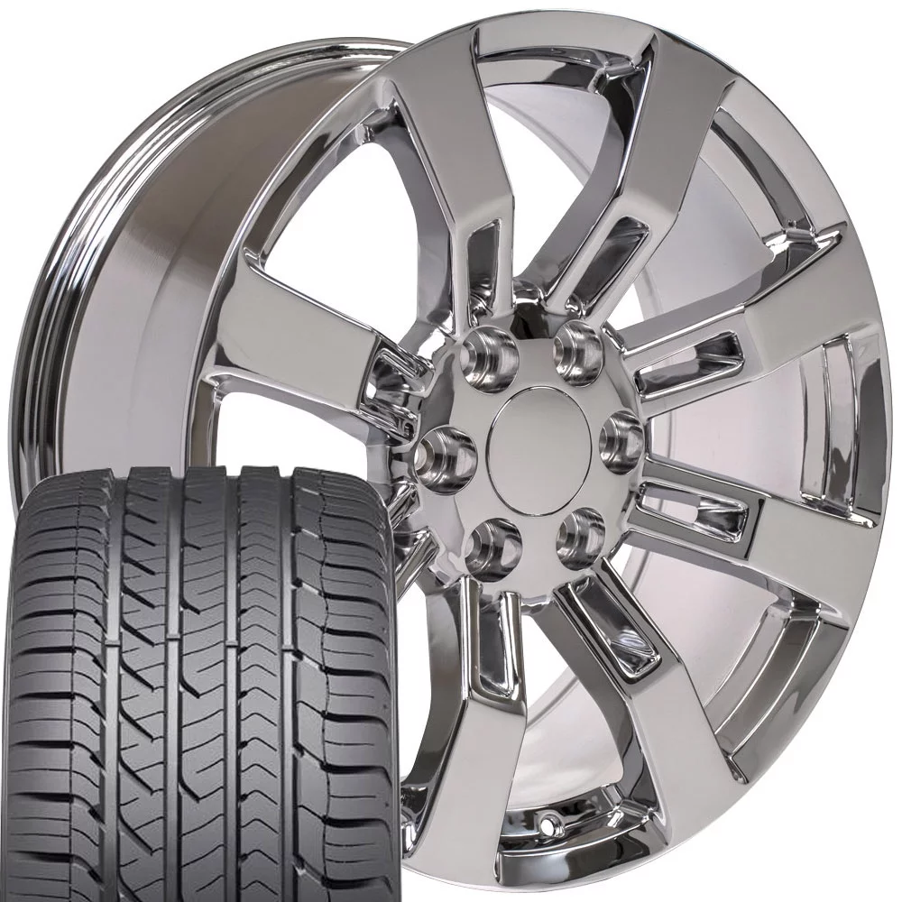 OE Wheels 20 inch Chrome 5409 Rims & Goodyear Tires Set Fit Specific GMC Trucks - Escalade Style