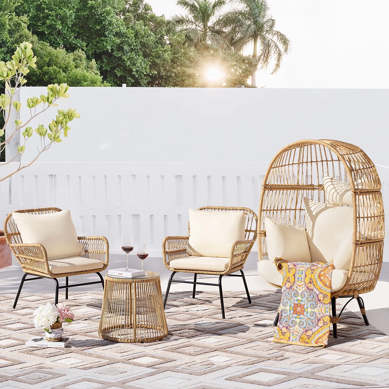NICESOUL Bohemian 4-Piece Wicker Outdoor Patio Furniture Set with Stylish Egg Lounge Chair Natural Yellow