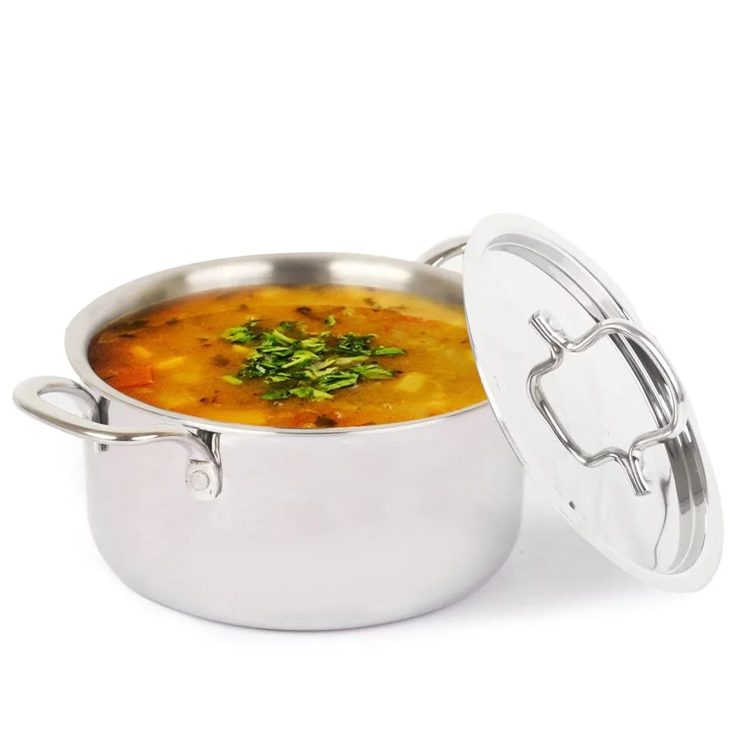 Triply Stainless Steel Stock Pot Or Casserole With Steel Lid | Very Small, 20cm, 7.8 Inch, 2.1 Liters, 1.3kg | Induction Friendly | Nonstick 3-layer Body, 100% Pure & Toxin-free