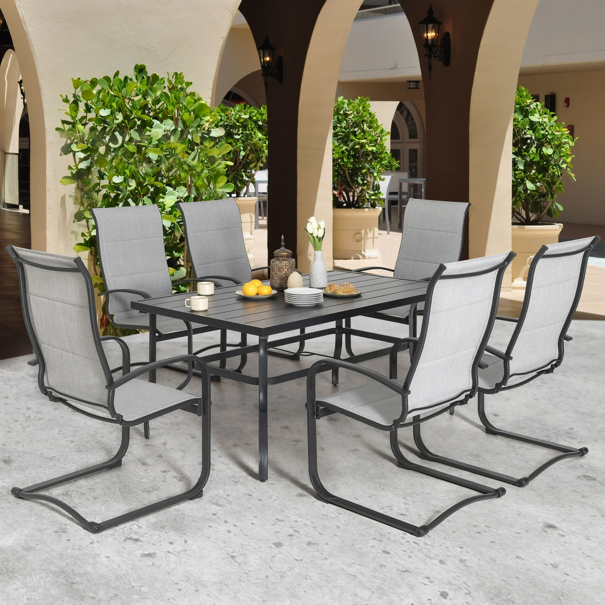 Nuu Garden 7 Piece Outdoor Dining Set, 61”Rectangular Dining Table with Umbrella Hole, Outdoor Padded Textilene Patio Chairs, Grey & Black