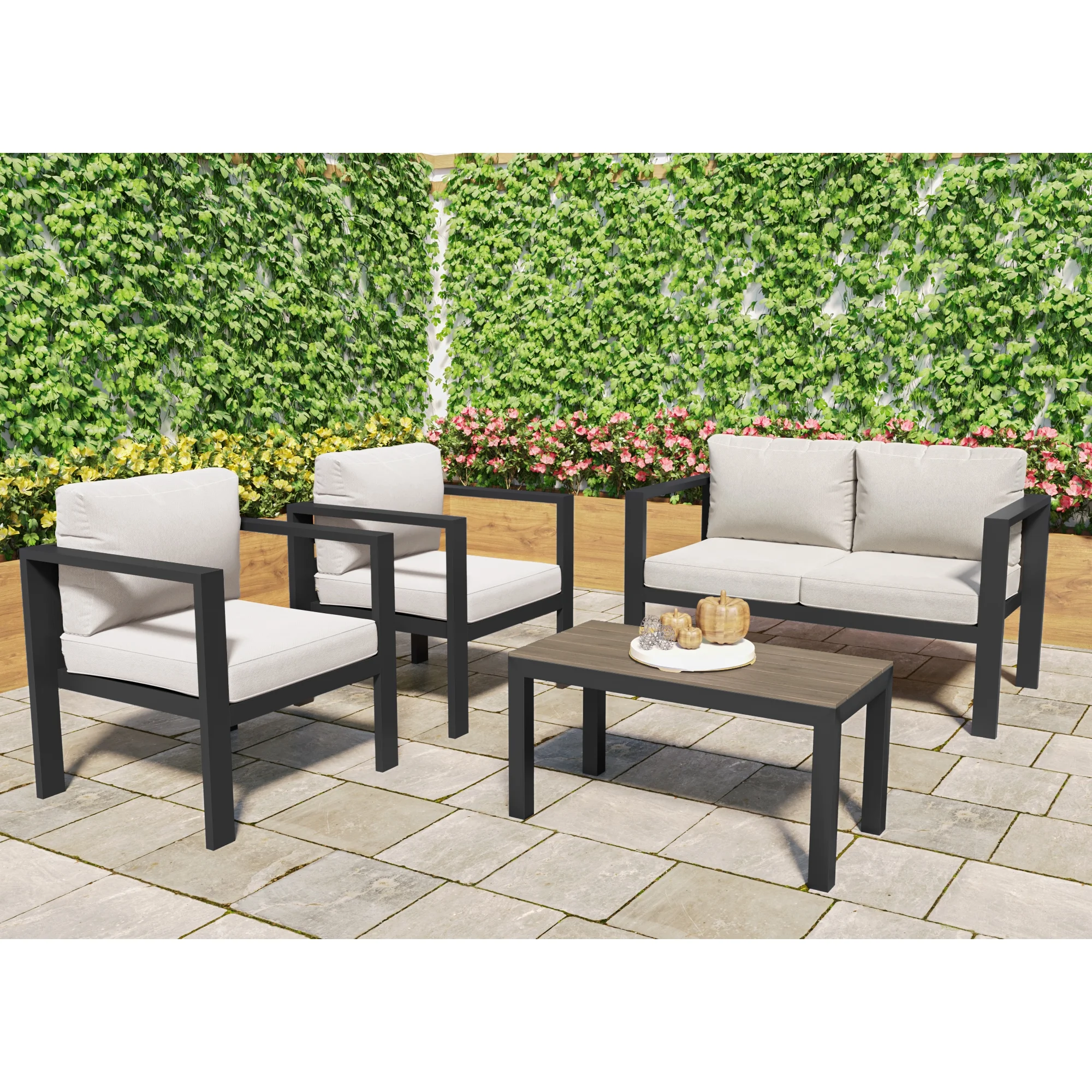 Tortuga Outdoor Lakeview Aluminum 4 Piece Conversation Set with Loveseat, 2 Chairs and Coffee Table, Charcoal