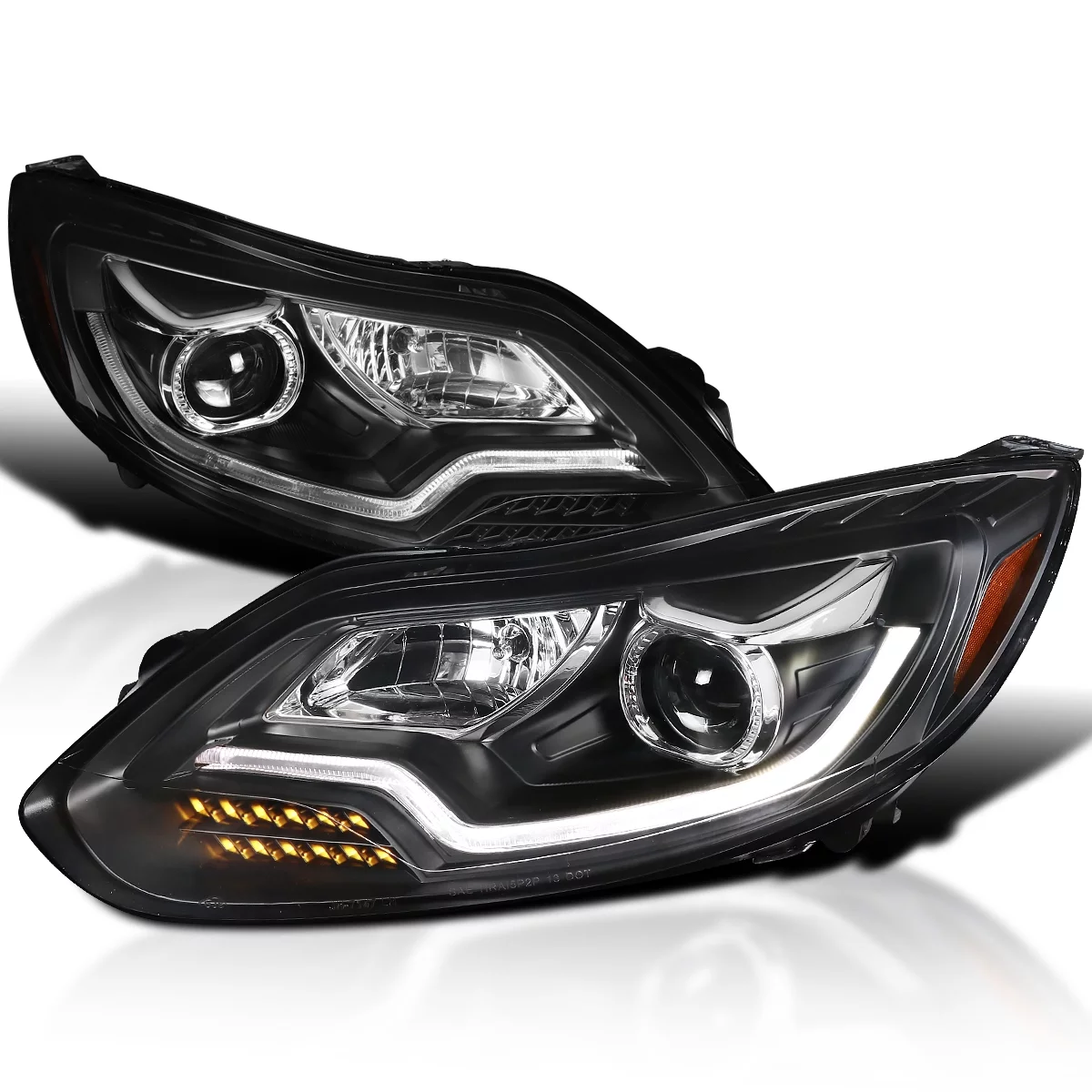 Spec-D Tuning Projector Headlights Black w/LED Signal Light Bar Compatible with 2012-2014 Ford Focus, Fits United States & Canada Left + Right Pair Headlamps Assembly