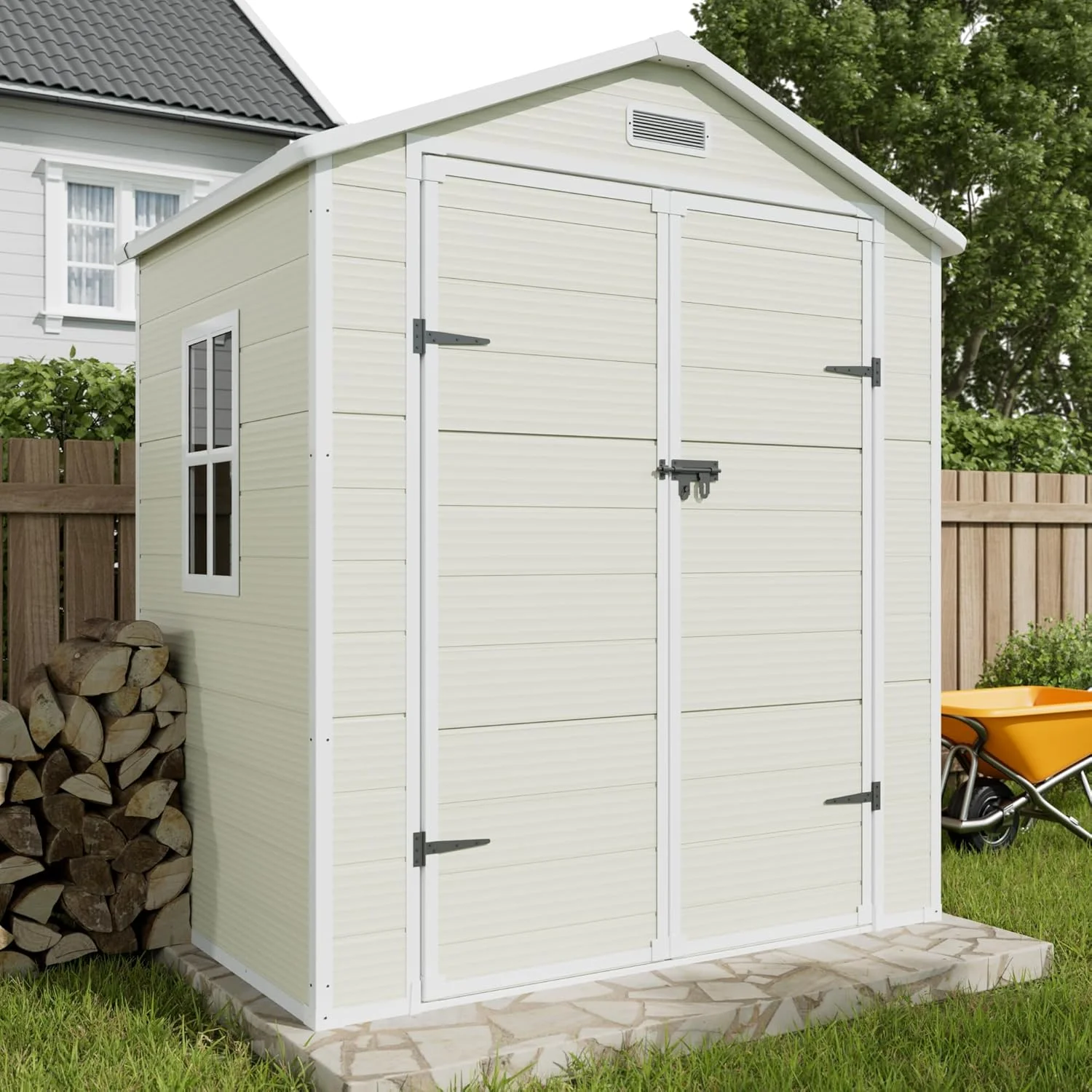 Techmilly Outdoor Storage Shed 6x4.5 FT, Resin Outside Sheds & Outdoor Storage Plastic for Trash Can, Bike, Lawnmower, Generator, Tool Shed with Lockable Door for Backyard, Lawn, Patio, Sandstone